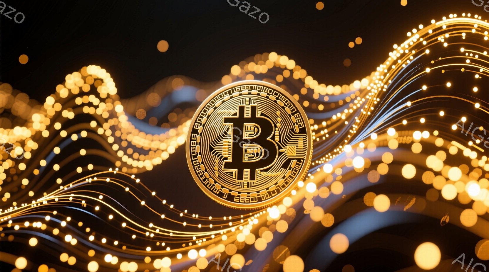 画像は、暗い背景を背景にした金色のビットコインのシンボルを中心に、光の線と光球が渦巻く様子を描いています。光の線は流れるような曲線を描き、ビットコインのシンボルを囲むように輝き、未来的なエネルギーとテクノロジーの印象を与えます。全体的に、富、革新、そしてデジタル通貨の世界を象徴するような、鮮やかでダイナミックな雰囲気です。