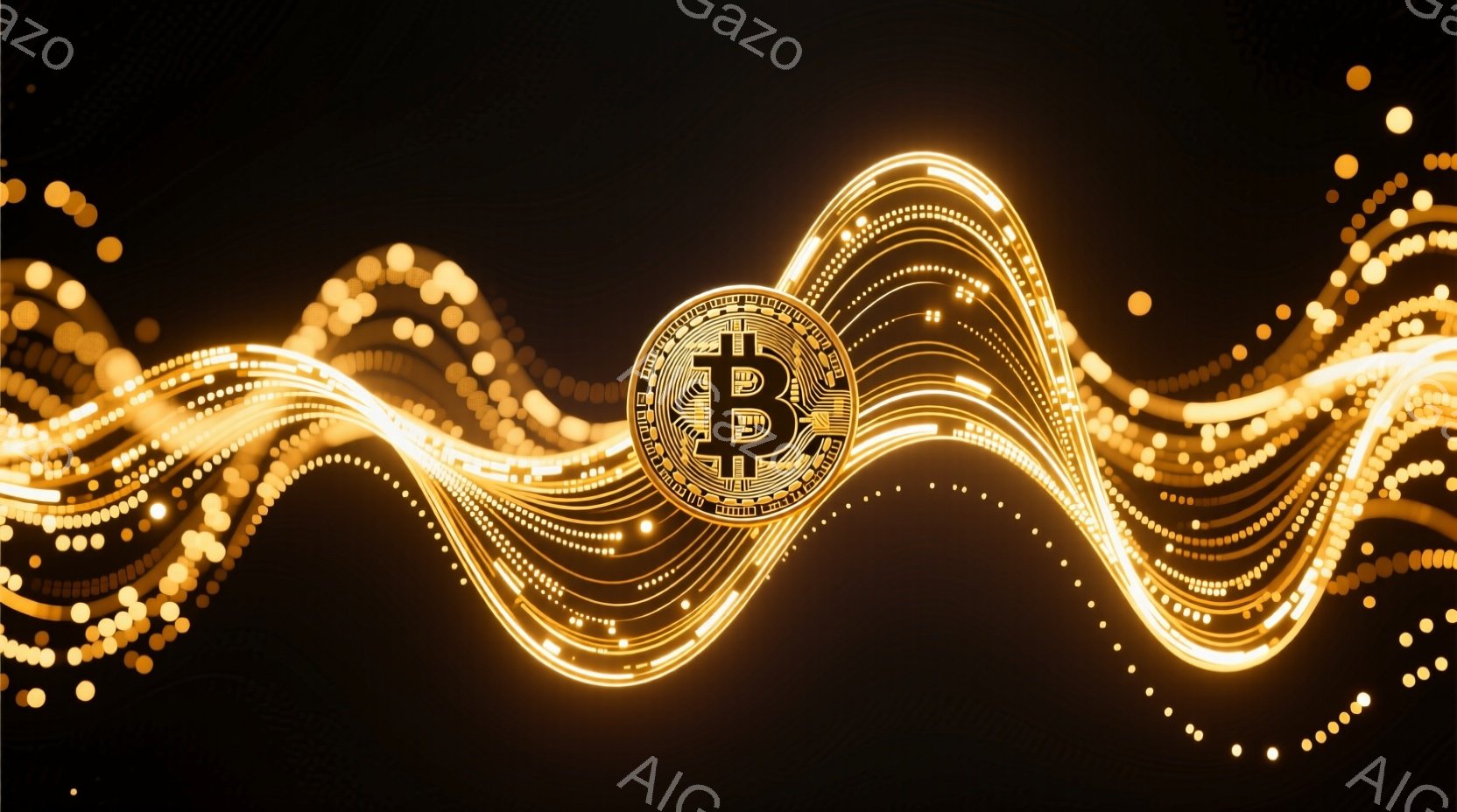 濃い茶色の背景に、金色の光の線が波のように流れており、中心にはビットコインのロゴが配置されています。光の線は、ビットコインのロゴから放射状に広がり、躍動感と未来的な印象を与えます。全体的に、暗闇の中で輝くデジタル通貨のエネルギーと可能性を表現したイメージです。