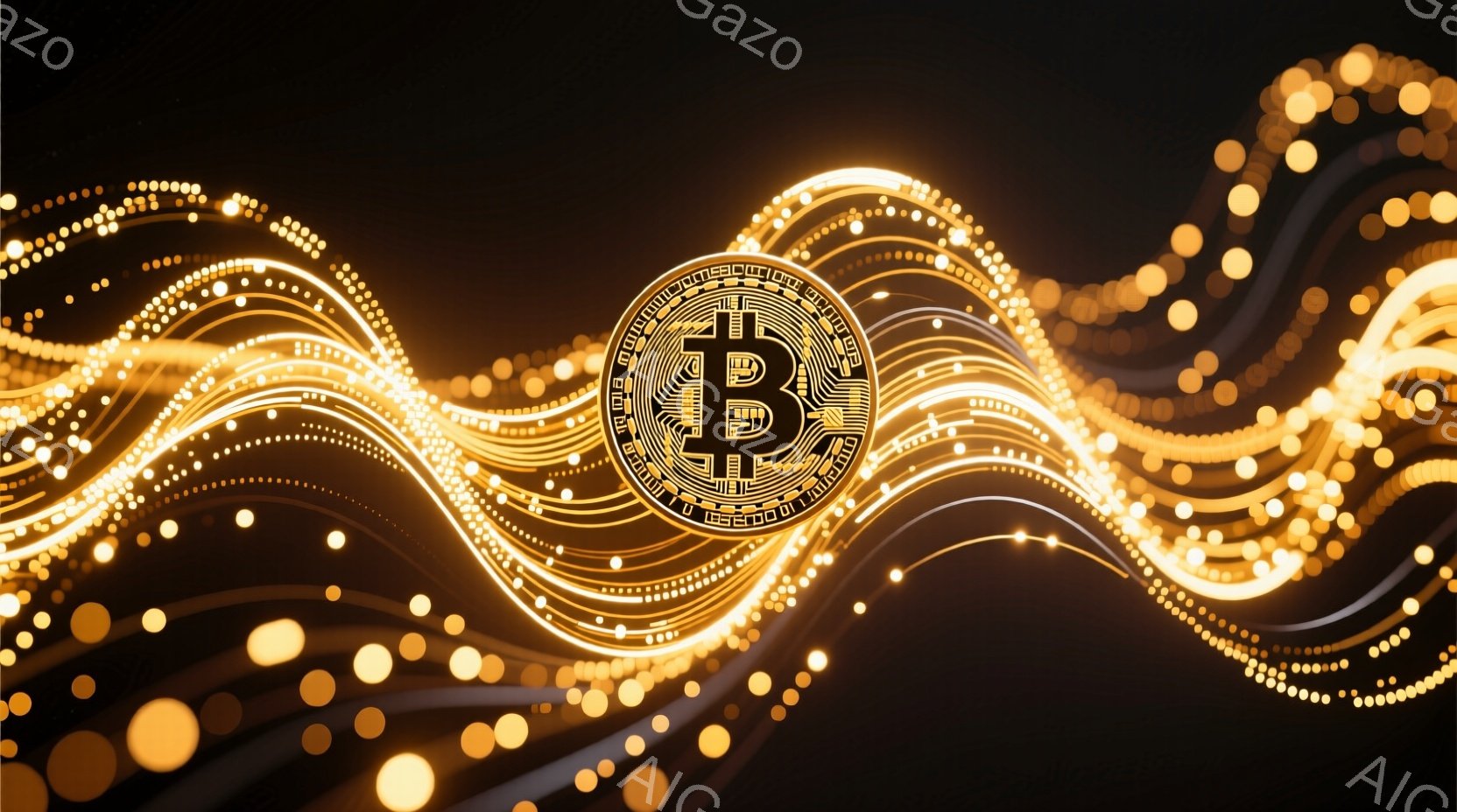 鮮やかな黄金色の光の粒子が渦巻く背景に、ビットコインのシンボルが中央に配置されています。光の粒子は流れるような曲線を描き、未来的なエネルギーとデジタル通貨の概念を表現しています。全体的に、暖かく、革新的で、テクノロジーを感じさせる雰囲気です。