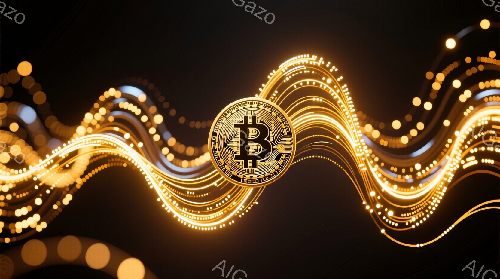 暗い背景にビットコインの記号が中央に配置され、光の粒子が渦巻くように広がっています。金色の光の線がビットコインの記号から放射状に広がり、まるでエネルギーの流れやデジタルネットワークを表現しているようです。全体的に未来的な雰囲気で、テクノロジーと金融を象徴するイメージです。