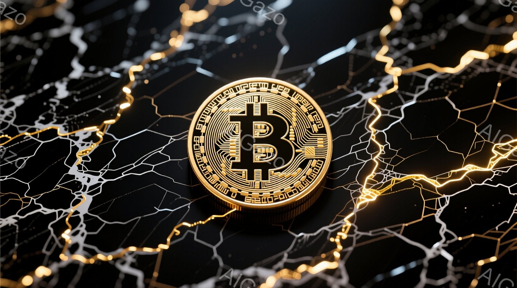 漆黒の背景に、金色のビットコインのアイコンが中央に配置されています。ビットコインの周囲には、稲妻のような金色の線が複雑に絡みつき、エネルギーとデジタル通貨の先進性を強調しています。全体的に、未来的なテクノロジーと金融の象徴的なイメージが表現されています。