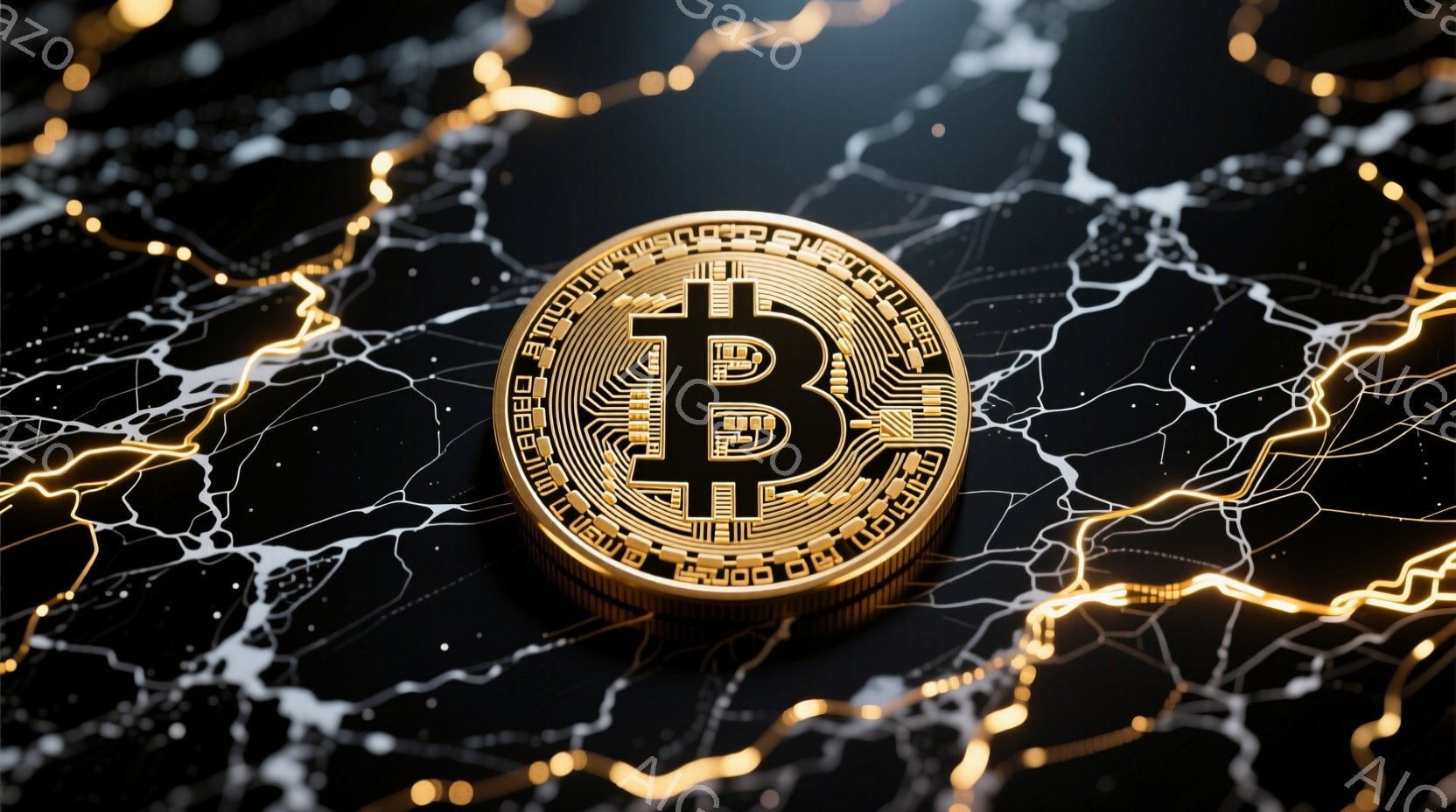 漆黒の背景に、金色のビットコインが配置されています。コインの周囲には、稲妻のような金色の線が複雑に絡みつき、まるでエネルギーが渦巻いているかのような印象を与えます。全体的に、高級感がありつつも、デジタル通貨の先進性と不安定さを表現しているように見えます。