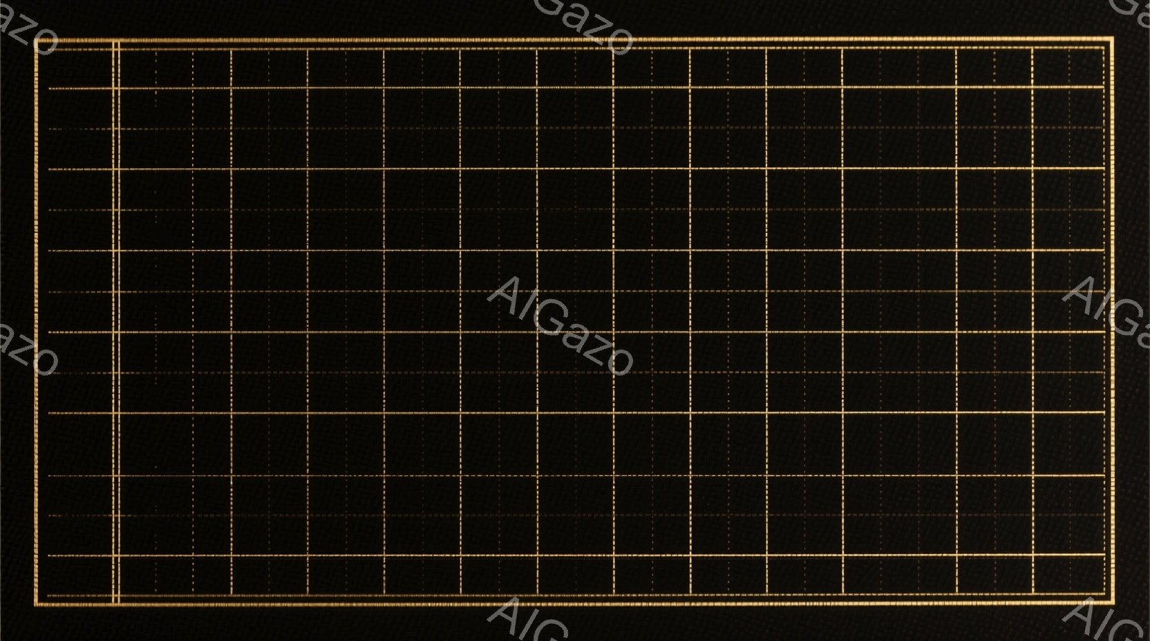 この画像は、細かい金の線で構成されたグリッド状のパターンが、暗い黒色の背景に描かれています。線は均等な間隔で配置され、規則的な四角形を形成しており、全体的に幾何学的で抽象的な印象を与えます。背景の微細なテクスチャがわずかに視認でき、グリッドパターンをより強調しています。