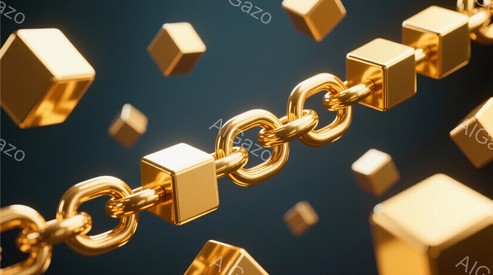 画像は、金色のチェーンと、周囲に浮かぶ立方体が写っています。チェーンは焦点がはっきりとしており、立方体はややぼやけていますが、全体的に高級感と重厚感のある雰囲気が漂っています。背景は暗いグレーで、立方体とチェーンが際立っています。