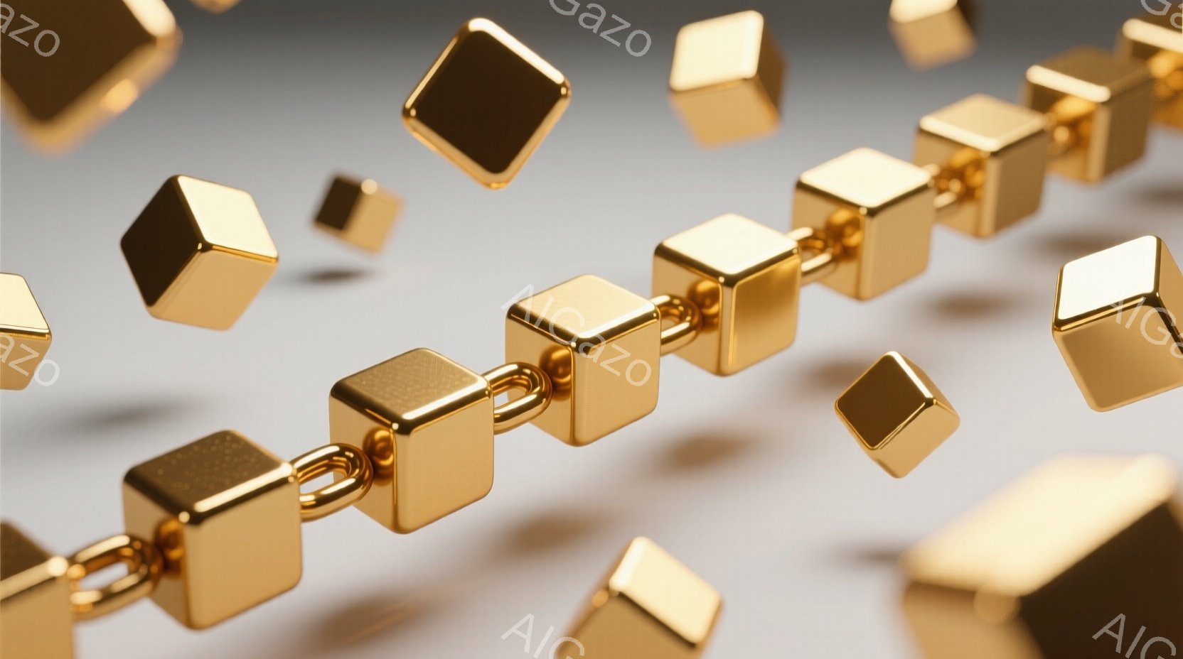 鮮やかな黄金色の立方体が、空中に散らばるように配置されている。 立方体は金属的な光沢を持ち、互いに連結した鎖のように見える部分もある。 背景は淡いグレーで、立方体の輝きを強調し、全体的に高級感と静けさを感じさせる。