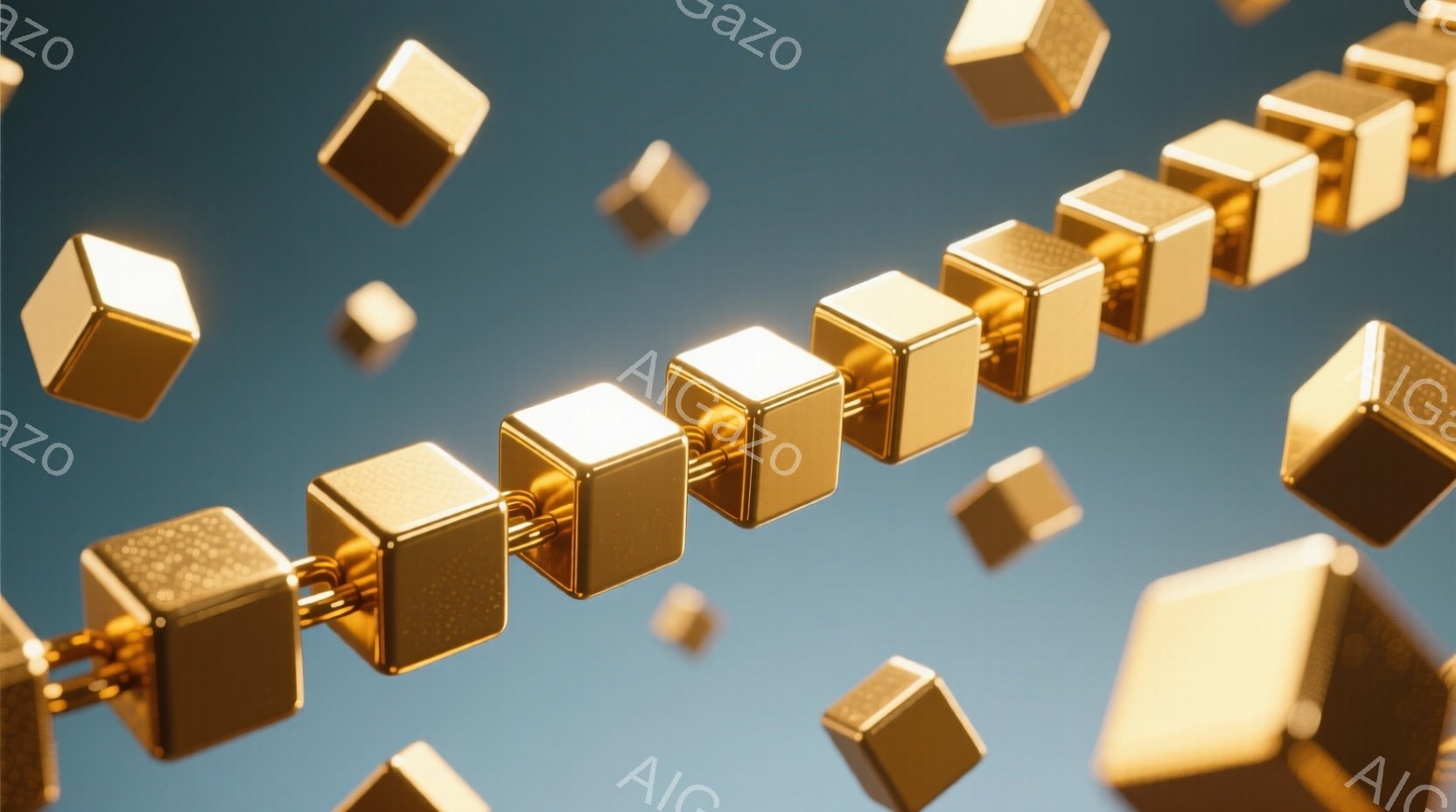 金色の立方体が空中に浮かび、互いに鎖のように繋がっている様子が描かれています。立方体は光沢があり、細かい粒子が散りばめられたようなテクスチャで、まるでデジタルな金の連鎖のようです。背景は穏やかな水色で、立方体の輝きを際立たせ、未来的な雰囲気を醸し出しています。