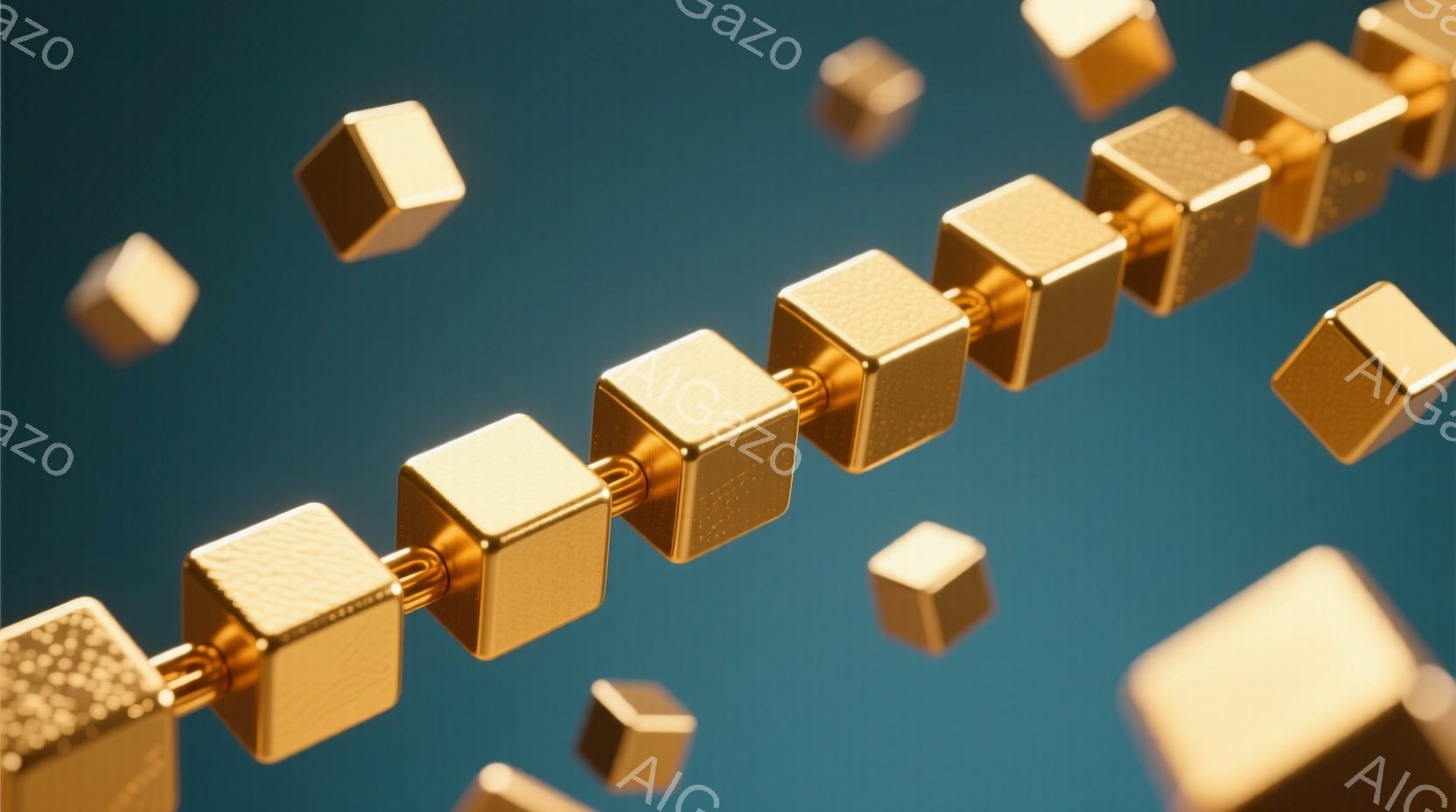 金色の立方体が空中に浮遊し、互いに連なる様子が描かれています。 立方体はテクスチャのある表面を持ち、光沢があり、まるでチェーンのように配置されています。 背景は青みがかった色合いで、全体的に未来的な、または抽象的な雰囲気を醸し出しています。