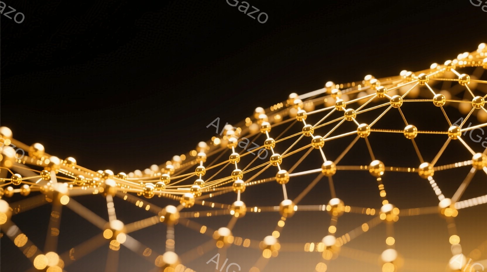 黄金色の球体が細い線で結ばれ、複雑なネットワークを形成している様子が描かれています。暗い背景に浮かび上がり、まるで分子構造やニューラルネットワークを想起させるような未来的な印象を与えます。光の反射が球 - AI生成フリー素材