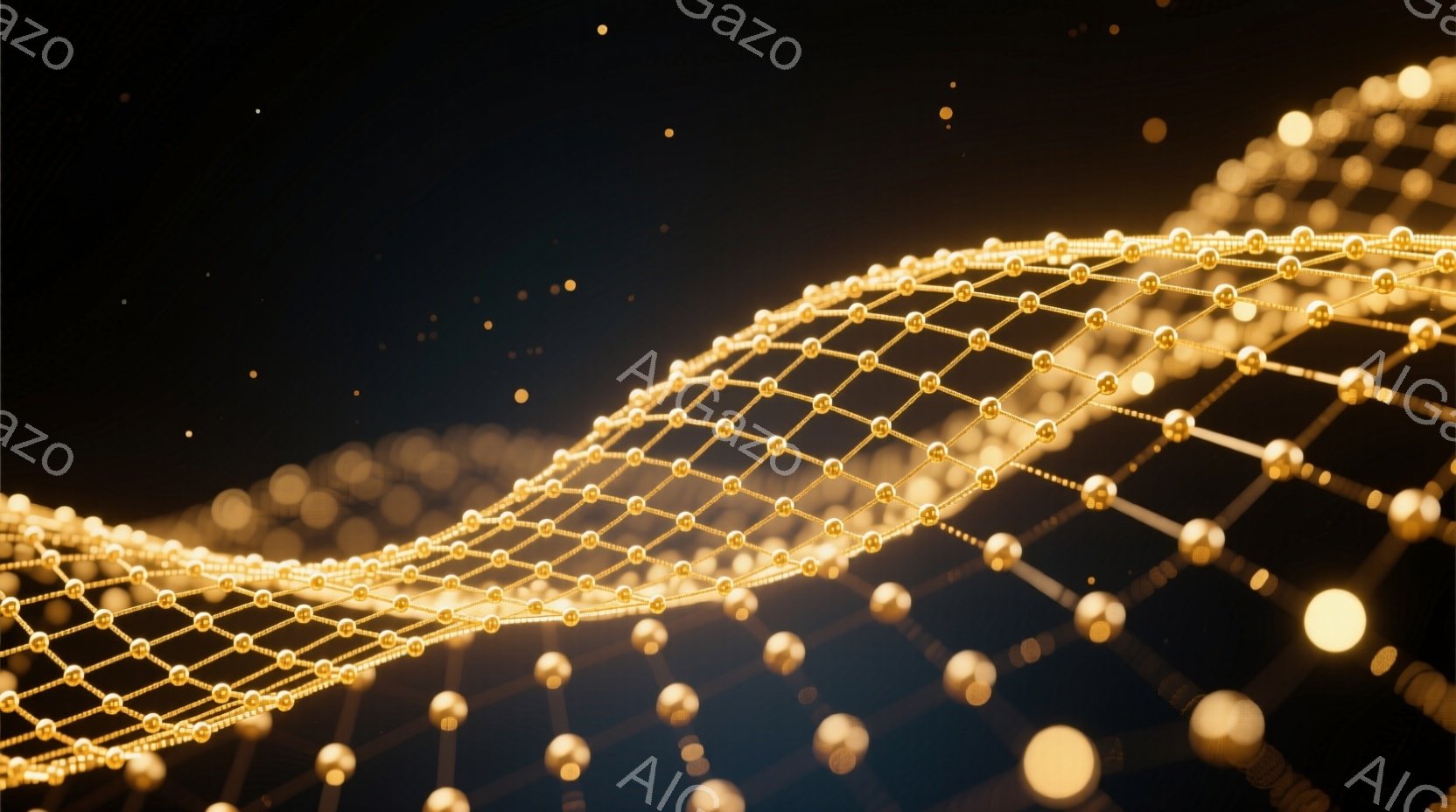 金色の粒子が網の目のように繋がって、流れるような曲線を描く抽象的な光景が広がっている。背景は暗く、粒子が発する光が強調され、奥行きを感じさせる。全体的に未来的なテクノロジーやデータネットワークを連想させる、神秘的で洗練された雰囲気である。