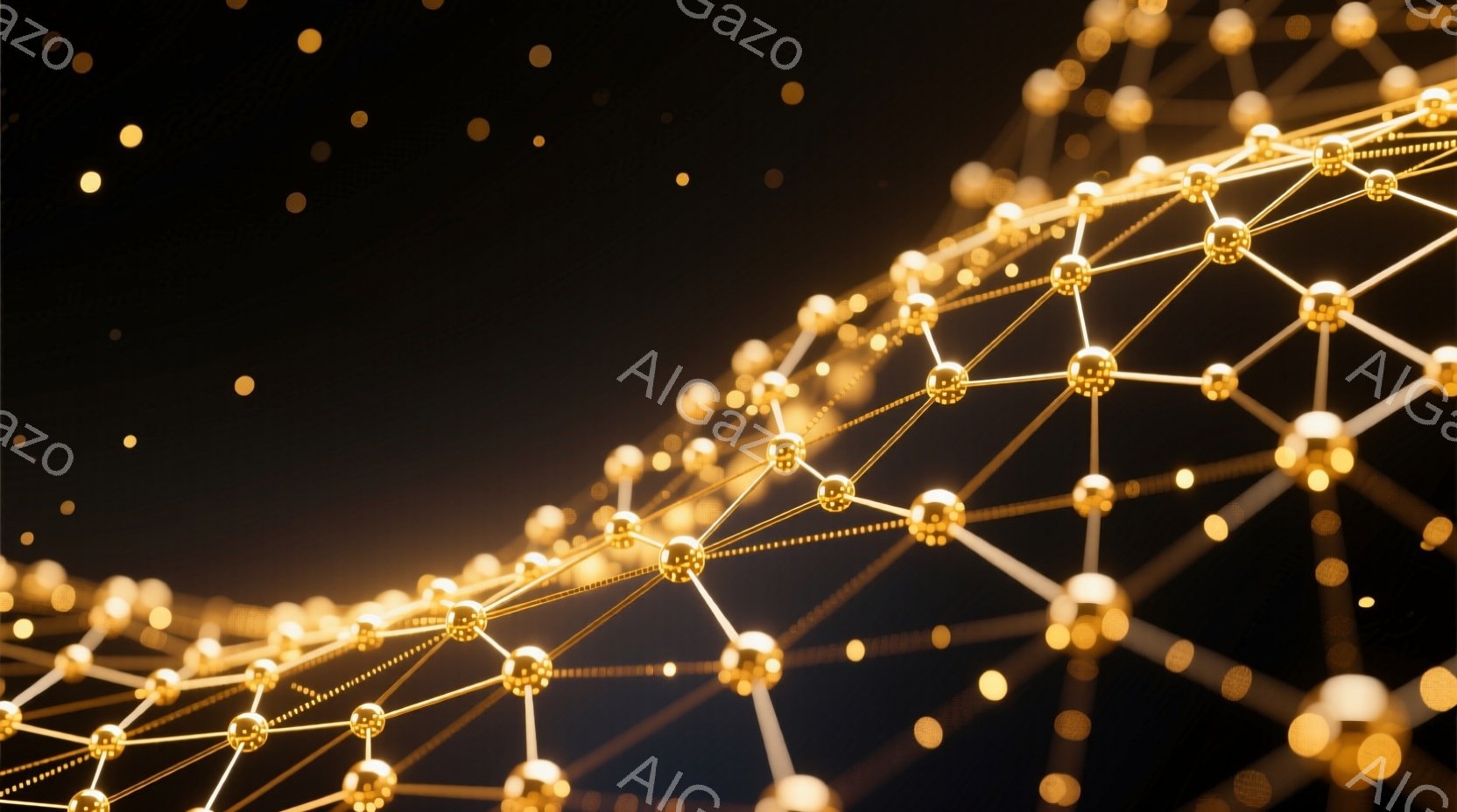 画像は、暗い背景に輝く金色のネットワークが描かれています。小さな球体のようなノードが線で結ばれ、複雑な繋がりを表現しています。全体的に未来的な印象で、データや通信、あるいは神経回路網を連想させる抽象的 - AI生成フリー素材