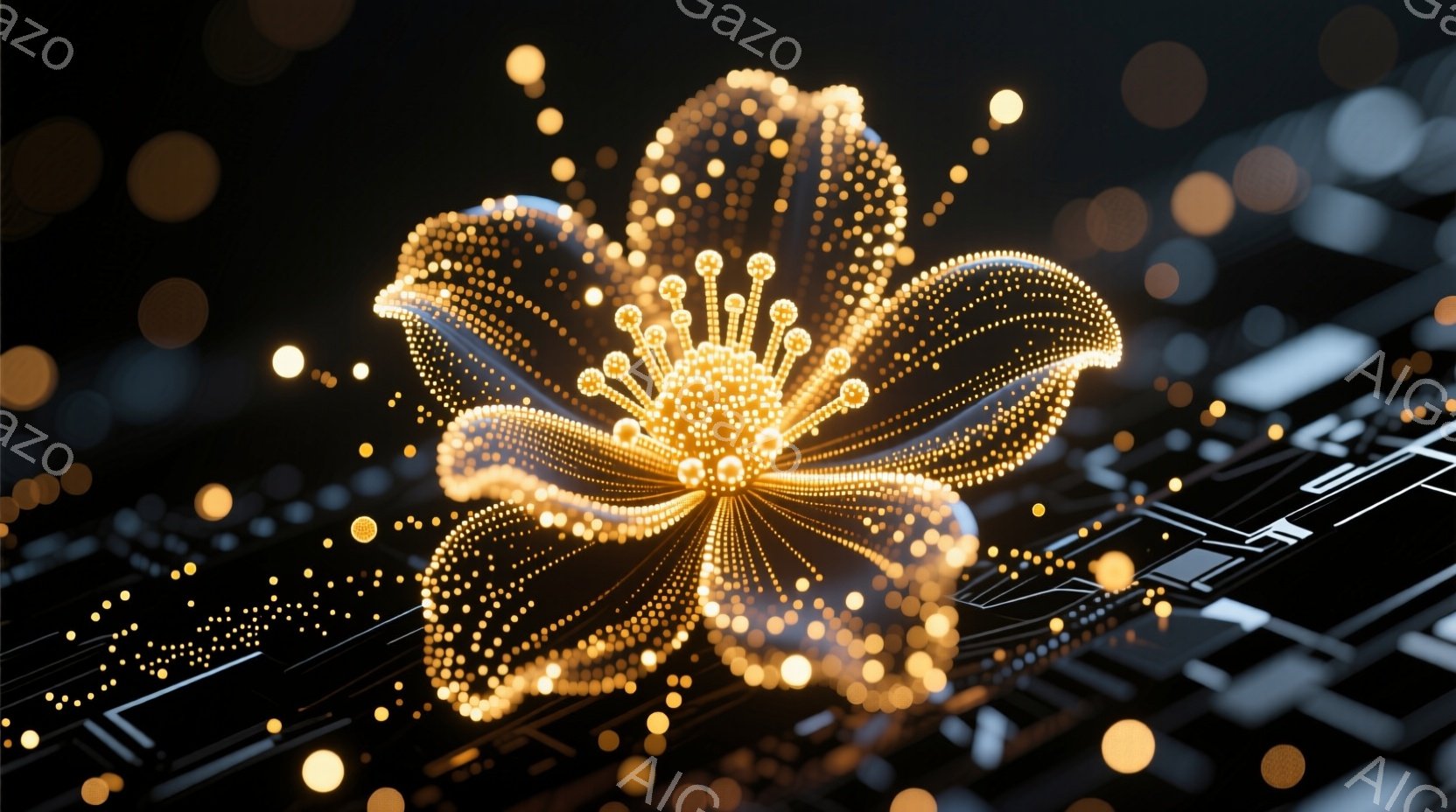 鮮やかな金色の光の粒子で構成された花が、黒色の電子回路のような背景に浮かび上がっています。花は、中心に向かって集まる光の筋で構成され、繊細で未来的な印象を与えます。背景には、ぼやけた光の粒子が散りばめられ、幻想的な雰囲気を醸し出しています。