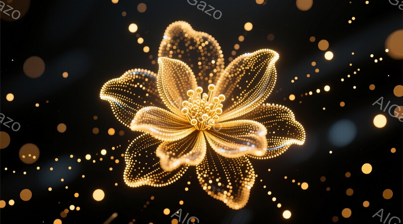 闇夜に輝く金色の花が描かれている。花びらは無数の小さな光点によって構成されており、繊細で幻想的な印象を与える。背景には、ぼんやりとした光の粒子が舞い、まるで星空の中に咲き誇る花のようである。