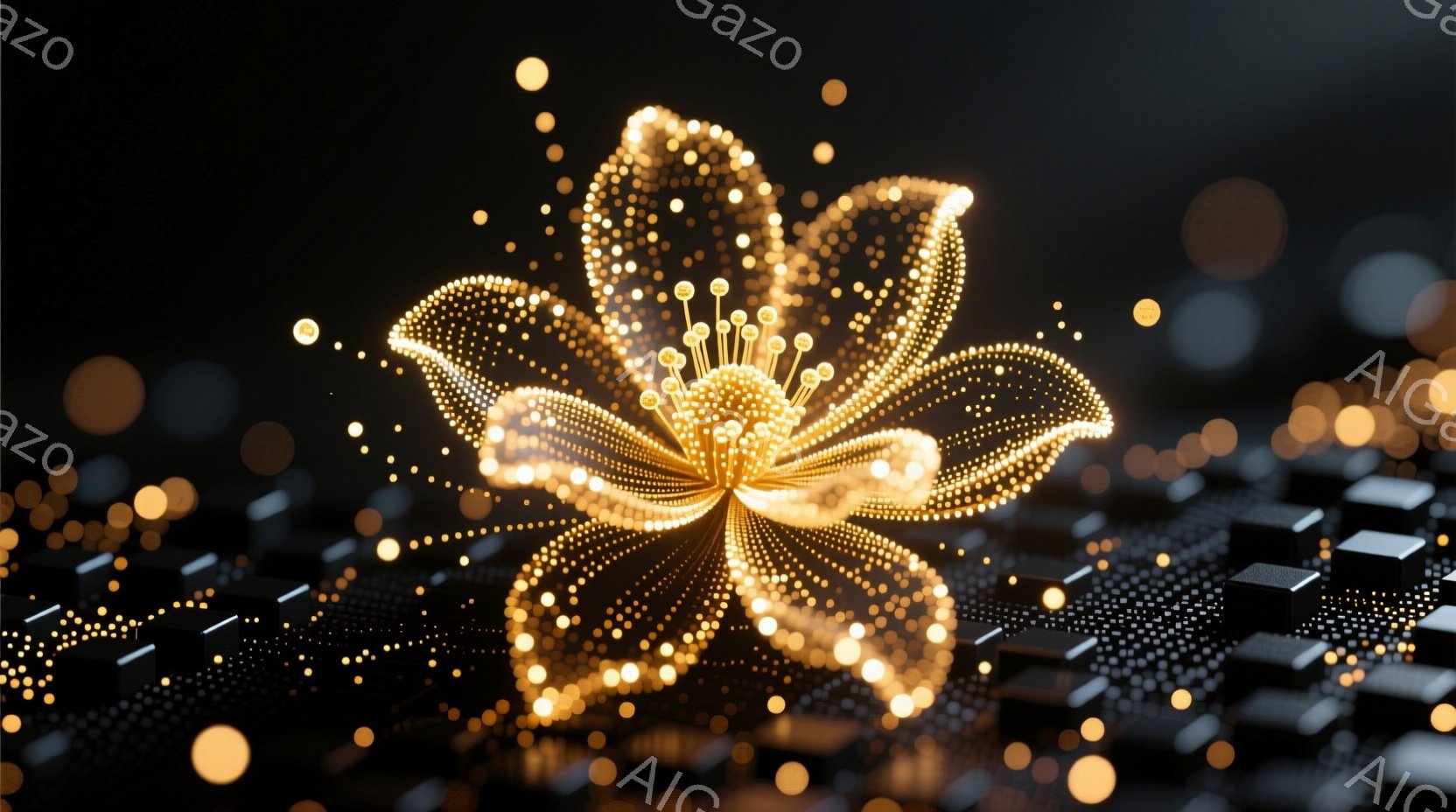 画像は、暗い背景に輝く金色の花が描かれています。花はデジタルな粒子で構成され、まるで光が散りばめられたように見えます。背景には、小さな立方体が敷き詰められた未来的な風景がぼんやりと広がっており、全体的に神秘的で幻想的な雰囲気を醸し出しています。