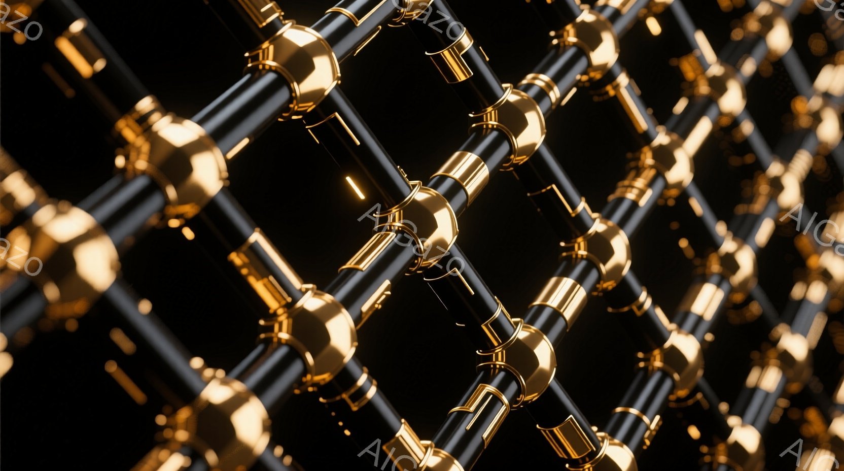 鮮やかな金色の棒が複雑に絡み合い、黒い背景に浮かび上がる様子が描かれている。光沢のある金属の質感が強調され、まるで宝石のような輝きを放っている。全体的に、洗練された、豪華な雰囲気を醸し出している。
