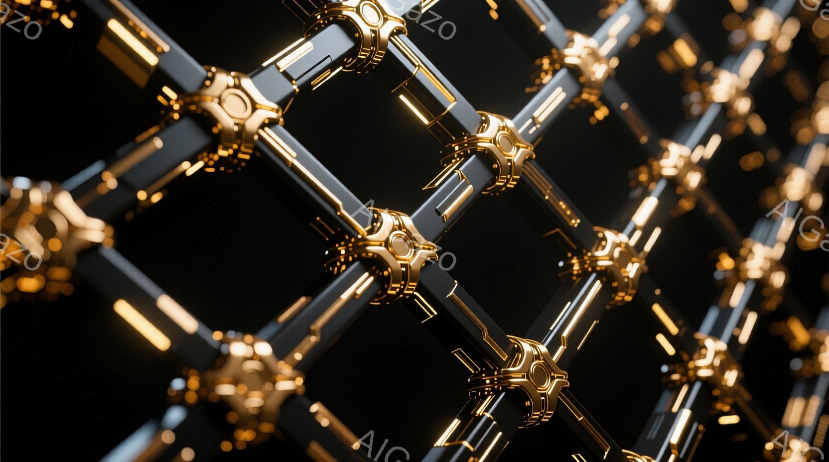 画像は、黒い背景に浮かび上がる、金色の配管のような構造物の近接図です。配管は複雑に交差し、未来的なデザインと強い光のコントラストが特徴的です。全体的に、メカニカルでありながら洗練された、サイバーパンク - AI生成フリー素材