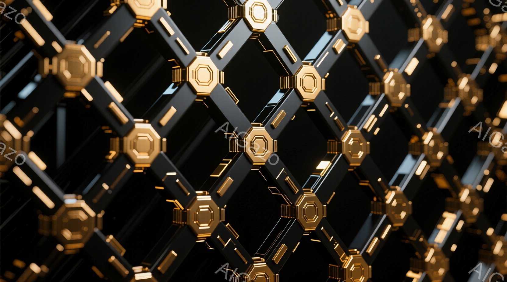 この画像は、黒い背景に金色の多角形が網の目のように配置された、抽象的な３Dレンダリングです。多角形は立体感があり、光沢があり、現代的で未来的な雰囲気を醸し出しています。全体として、洗練された、技術的なデザインが印象的です。