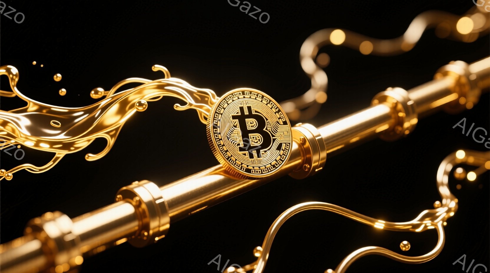 画像は、暗い背景に金色のビットコインのロゴと、溶け出した金色の金属のような装飾が描かれています。ロゴは中心に配置され、周囲には金色の液体の流れが渦巻いており、富やデジタル通貨の輝きを強調しています。全体的に豪華で洗練された印象で、ビットコインの価値と革新性を表現しているようです。
