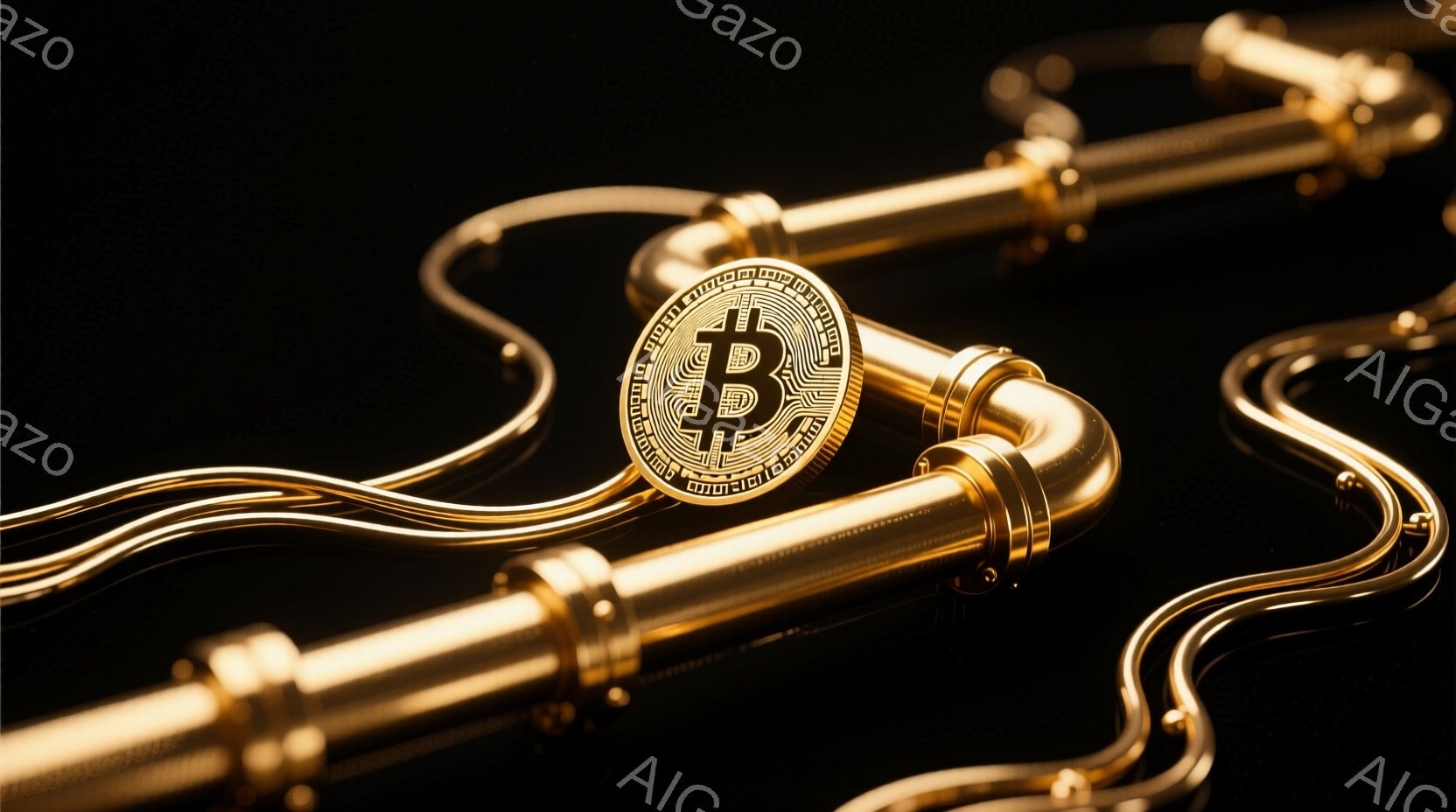 画像は暗い背景に金色のパイプが複雑に絡み合い、その中心にビットコインのシンボルが配置されています。金色のパイプは光沢があり、流動的な曲線を描き、ビットコインのシンボルを強調しています。全体的に、富、テクノロジー、そして金融の概念を象徴する、モダンで洗練された雰囲気です。