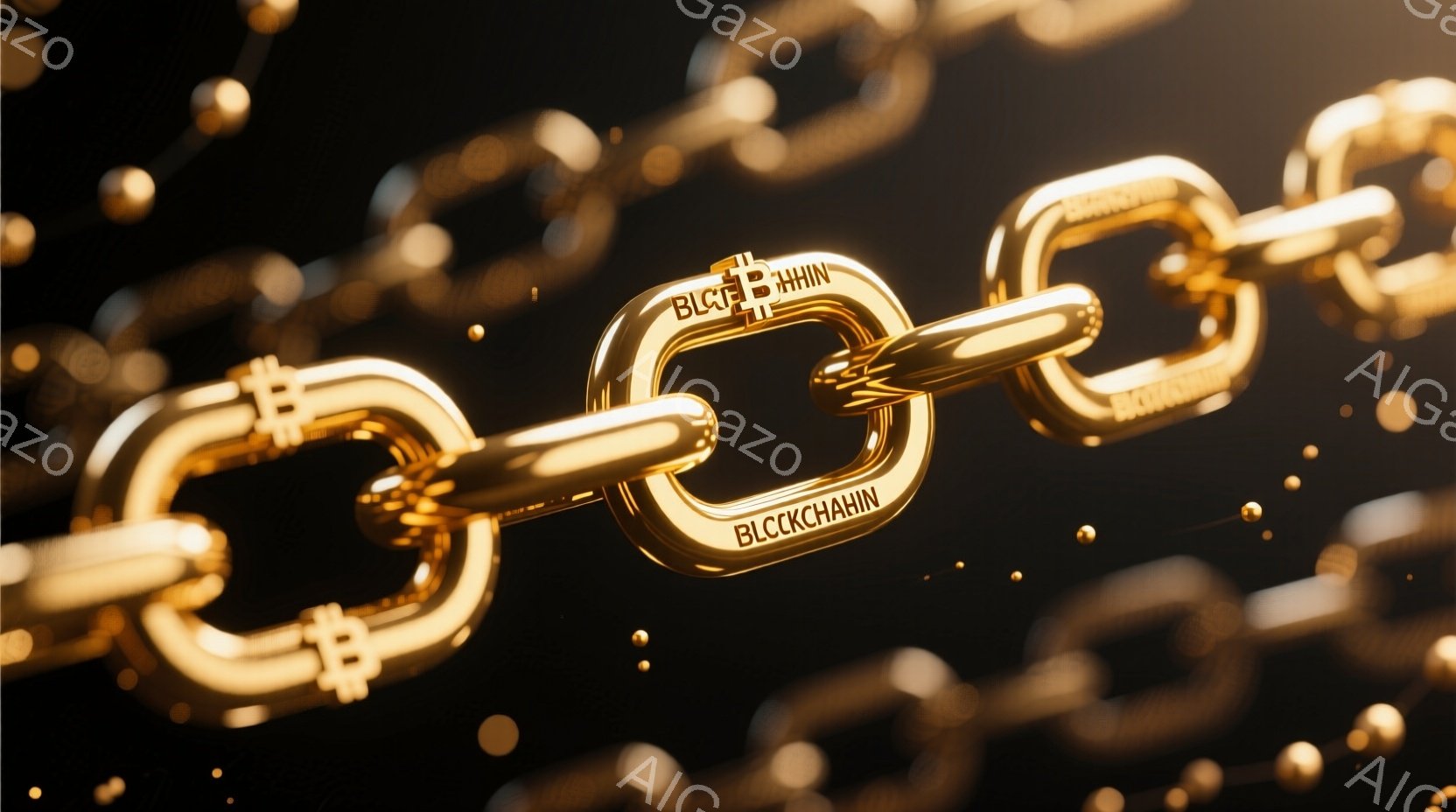 鮮やかな金色のブロックチェーンが画像全体を占めています。各リンクは詳細に彫刻されており、その一部には「BLOCKCHAIN」という文字が刻印されています。背景は暗く、ぼやけた金色の粒子で覆われており、チェーンに焦点が当てられています。