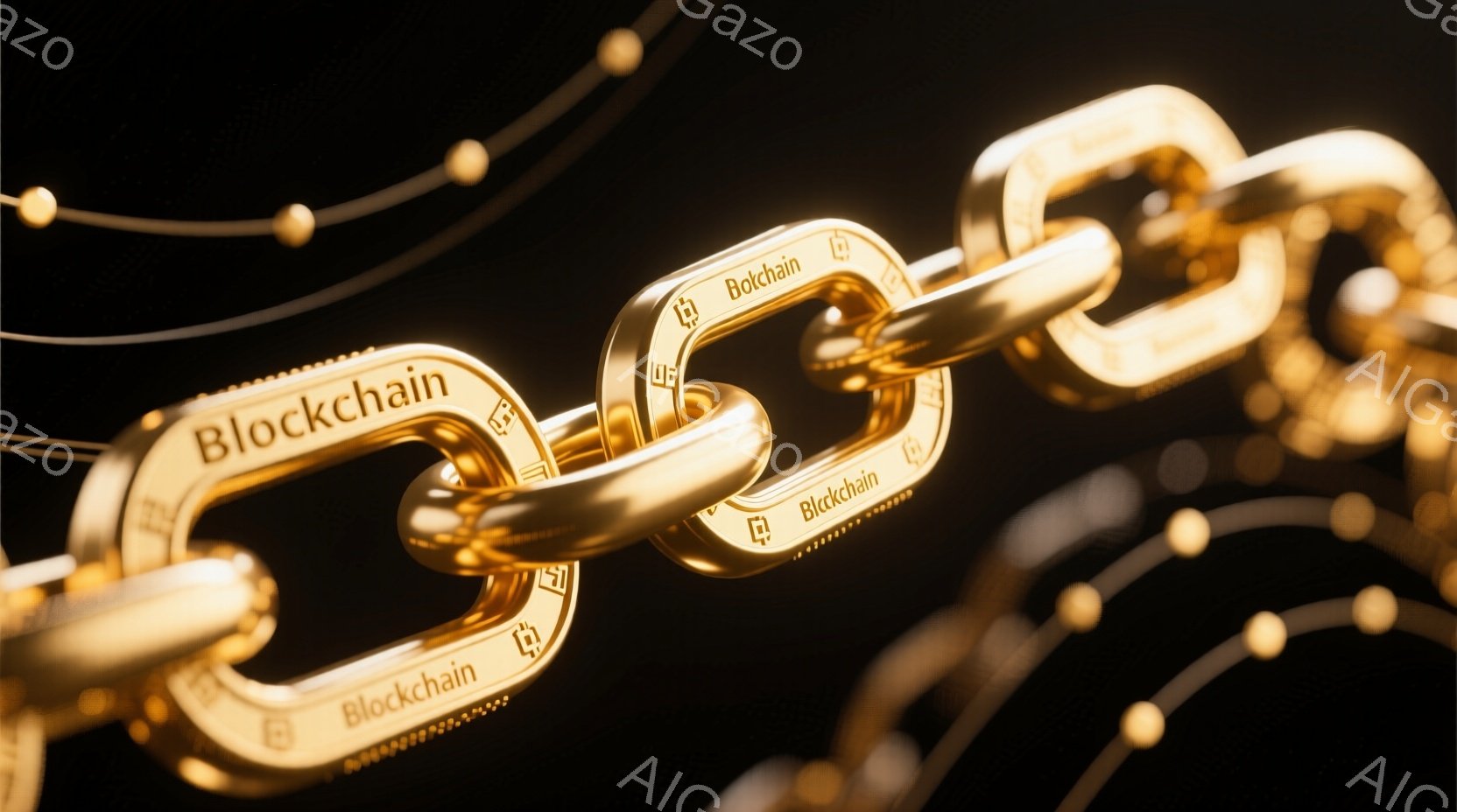 画像は、金色のブロックチェーンが暗い背景に浮かび上がっています。各チェーンリンクには「Blockchain」という文字が刻印されており、鮮やかな光沢と影が強調されています。全体的に、未来的なテクノロジーと堅牢な接続性を象徴する、洗練された雰囲気が漂っています。