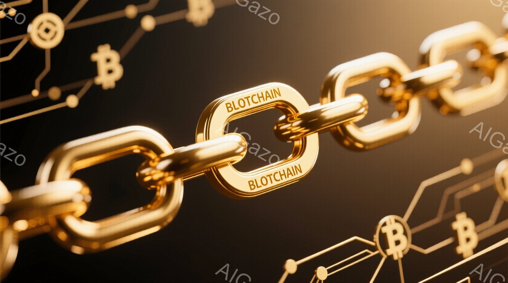 金色のブロックチェーンが画像の中央を横切っています。背景は暗く、複雑な回路のようなパターンとビットコインのロゴが散りばめられています。全体的に、テクノロジー、金融、そして未来的な印象を与える画像です。