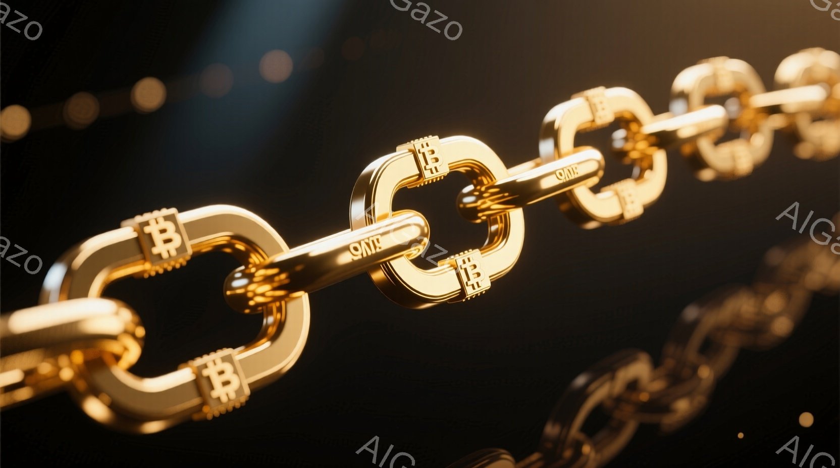画像は、金色のビットコインのロゴが刻まれたリンクが連なったチェーンのクローズアップです。背景は暗く、ぼやけた光の粒子が散りばめられており、チェーンが際立っています。全体的に、洗練された、デジタル通貨の - AI生成フリー素材
