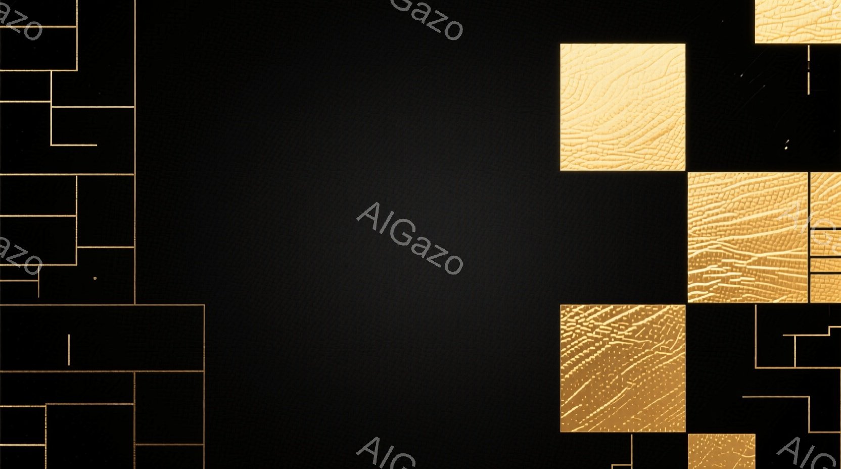 濃い黒色の背景に、金色の線と正方形が抽象的に配置された画像です。金色の線は、まるで回路や地図のような複雑なパターンを描き出し、正方形の中にはテクスチャが刻まれています。 全体的に、未来的な回路図や、スタイリッシュなデザインを連想させる雰囲気です。