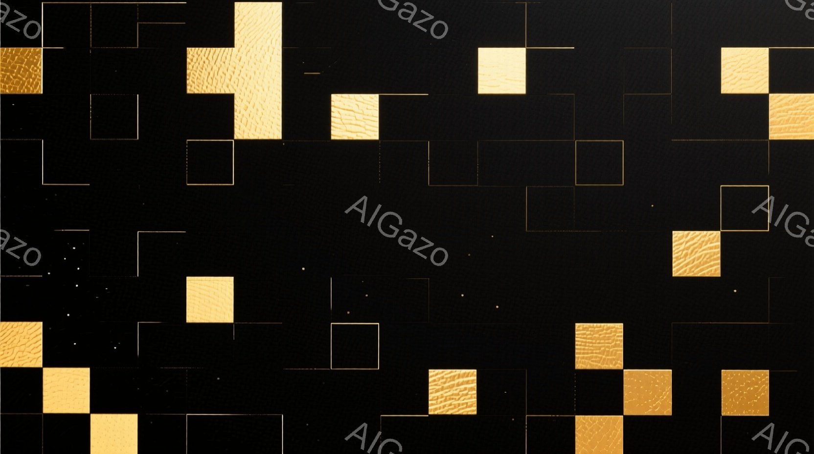 漆黒の背景に、大小さまざまな金色の正方形が配置された抽象的なイメージです。正方形は、テクスチャがわずかに粗く、まるで金属のような質感を持っています。全体的に、モダンで洗練された、幾何学的な雰囲気を醸し出しています。