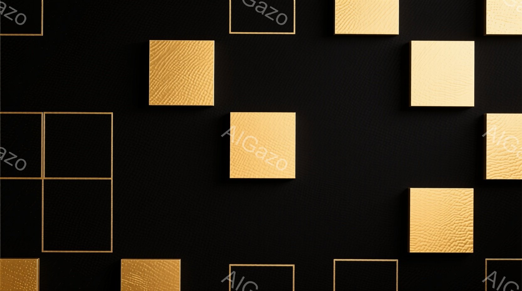 漆黒の背景に、様々な大きさの金色の正方形が配置された抽象的な画像です。一部の正方形はテクスチャがあり、光沢感と立体感を表現しています。全体的にモダンでミニマルな印象で、高級感と落ち着きを感じさせます。