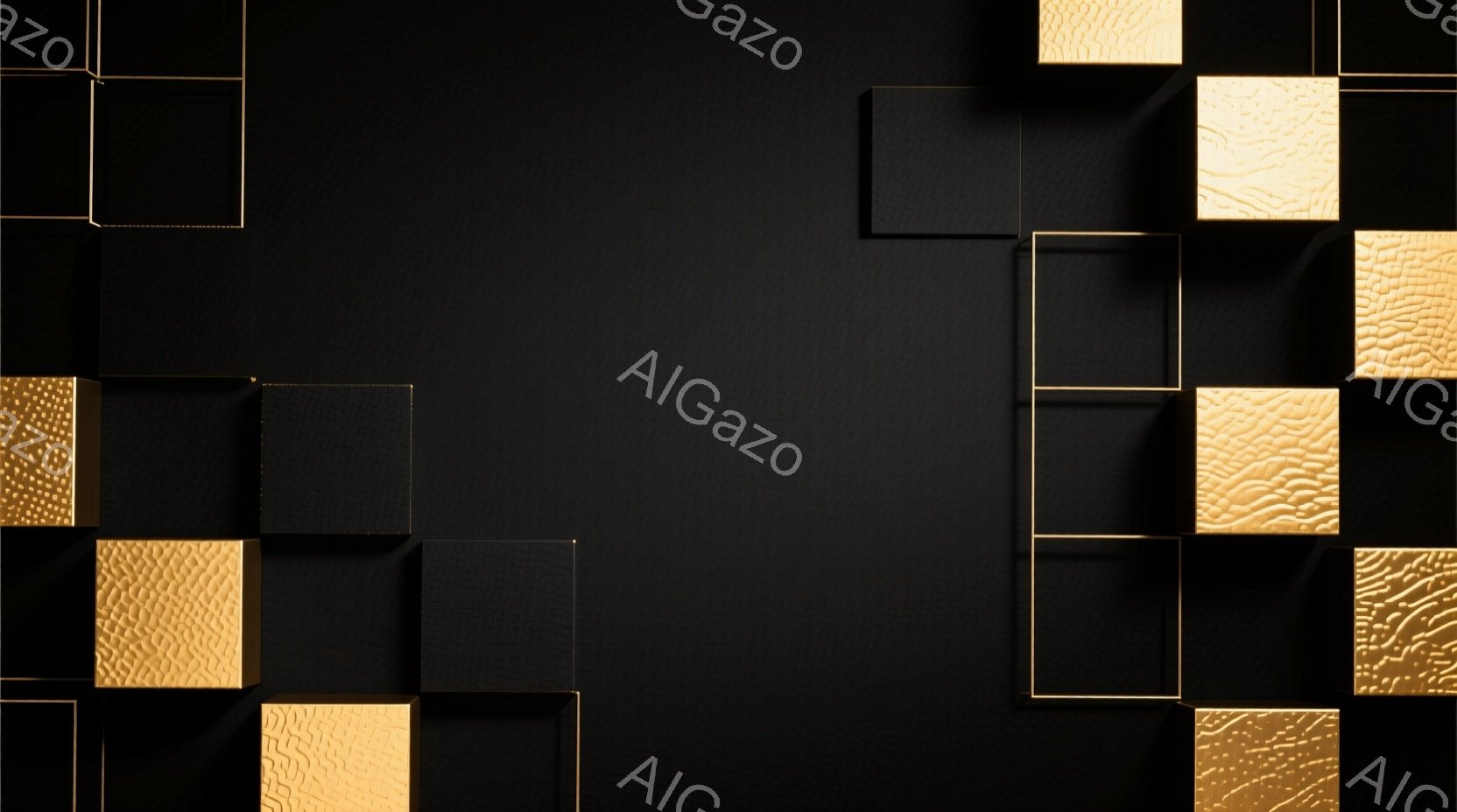 漆黒の背景に、様々な質感の正方形が配置された抽象的な構成です。金色のテクスチャを持つ正方形と、黒色の正方形、そして金色の枠のみの正方形が、立体的に重なり合っています。全体として、高級感とモダンな雰囲気を持つ、ミニマルなデザインです。