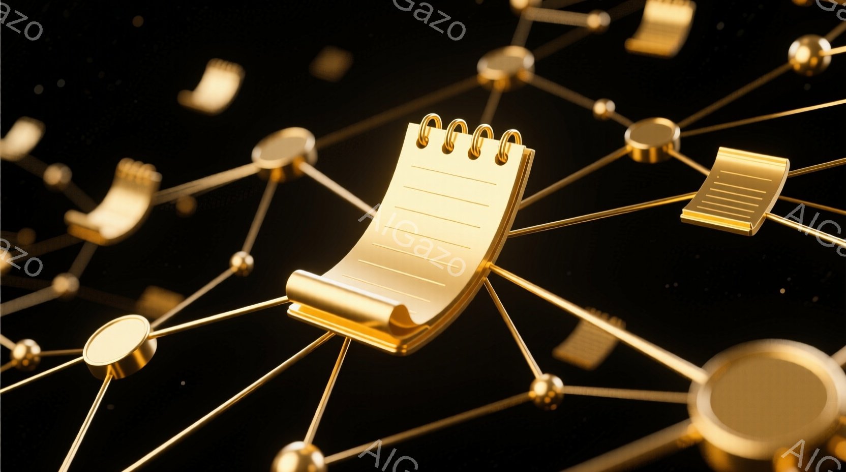 濃い黒色の背景に、金色のパッドと線で構成されたネットワークが広がっています。そのネットワーク内に、金色のメモ帳が数冊散りばめられており、それぞれのメモ帳は開いており、空白のページがわずかに覗いています。 全体的に、知的なネットワーク、アイデアのつながり、または記憶の概念を想起させる、洗練されたミニマルな雰囲気です。