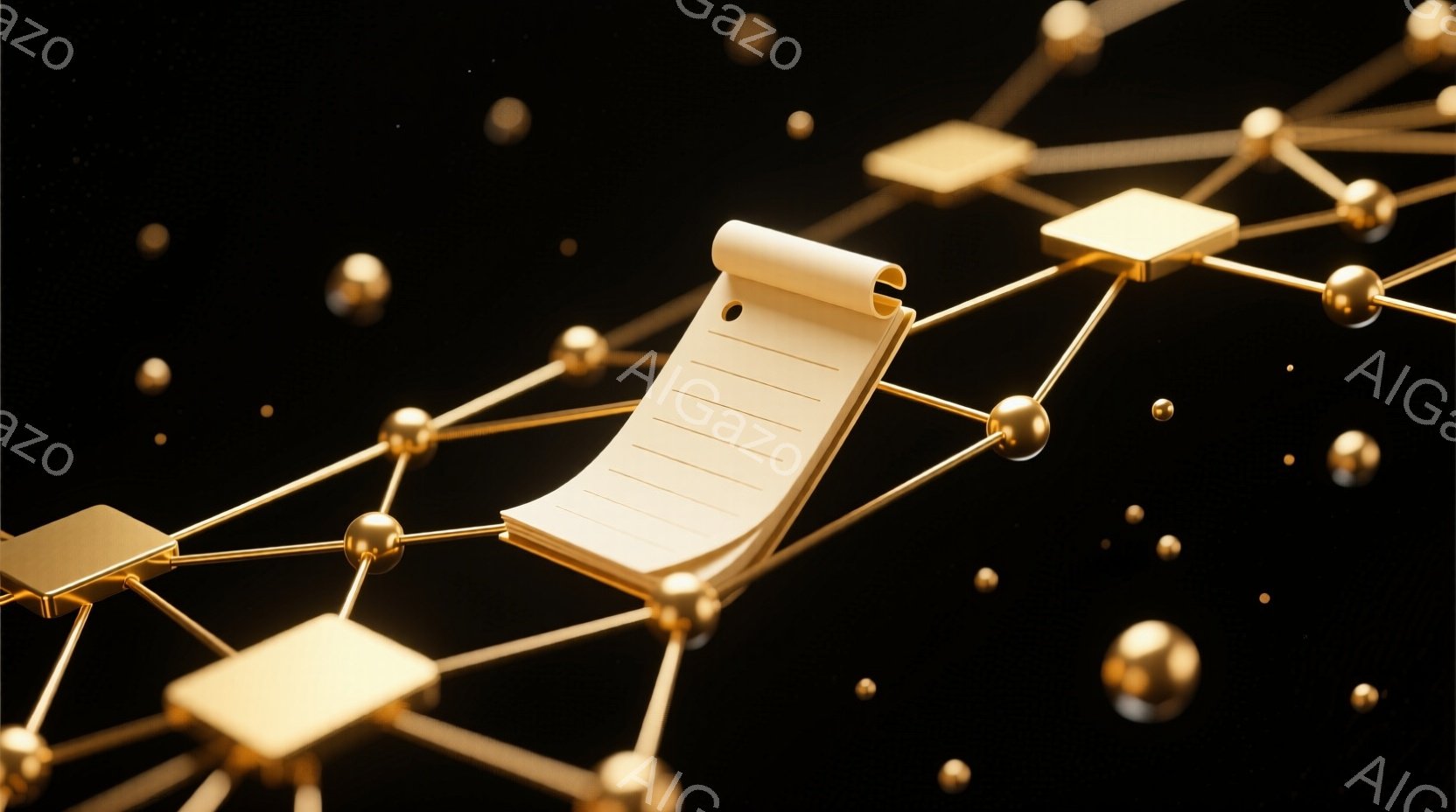 金色の線と球体で構成された複雑なネットワークの中に、金色のラウンジチェアが浮かんでいます。背景は暗く、無数の小さな金色球体が星のように散りばめられており、幻想的な雰囲気を醸し出しています。全体的に、洗練された未来的なデザインと、リラックスした雰囲気が共存するイメージです。