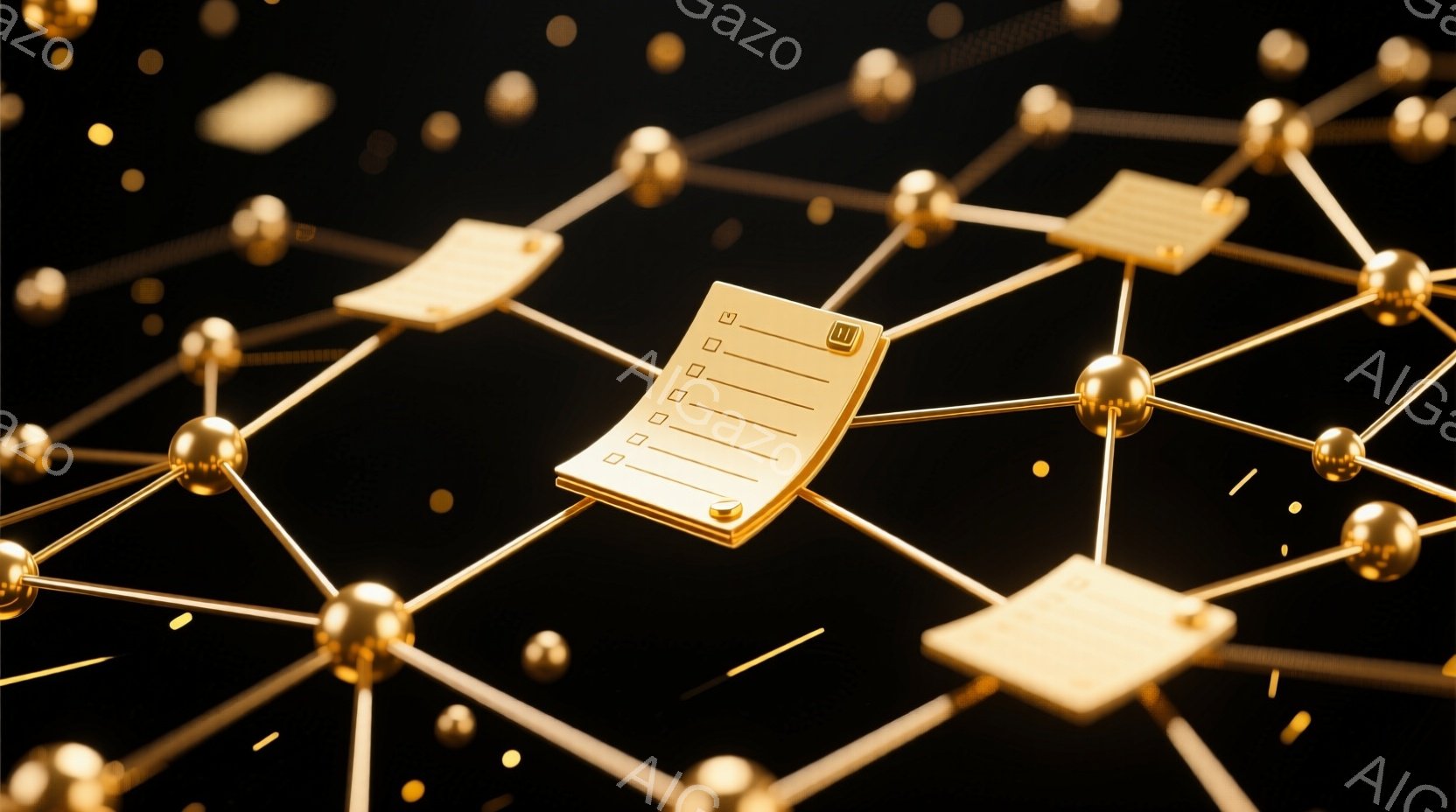 漆黒の背景に、金色の線で繋がれた球体と四角形の板が複雑に絡み合ったネットワークが広がっている。球体と板は光を反射し、鮮やかな輝きを放ち、まるで回路やニューラルネットワークのような印象を与える。全体的に - AI生成フリー素材