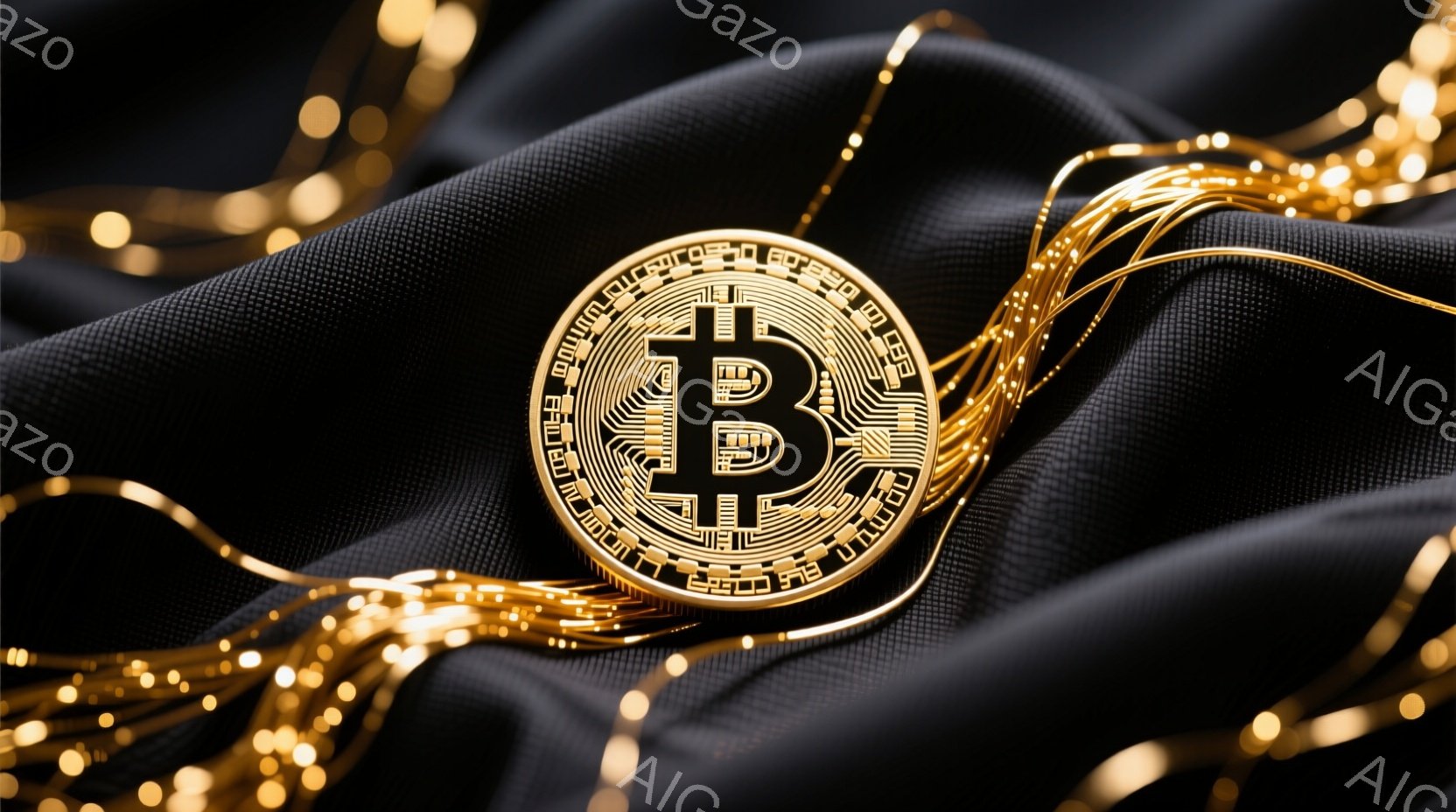 光沢のある黒い布の上にビットコインの金のメダルが置かれています。メダルの周囲には、金色の光の筋が流れるように配置され、高級感と未来的な印象を与えます。 全体的に、暗い背景と金のコントラストが、ビットコインの価値とテクノロジーの先進性を強調しています。