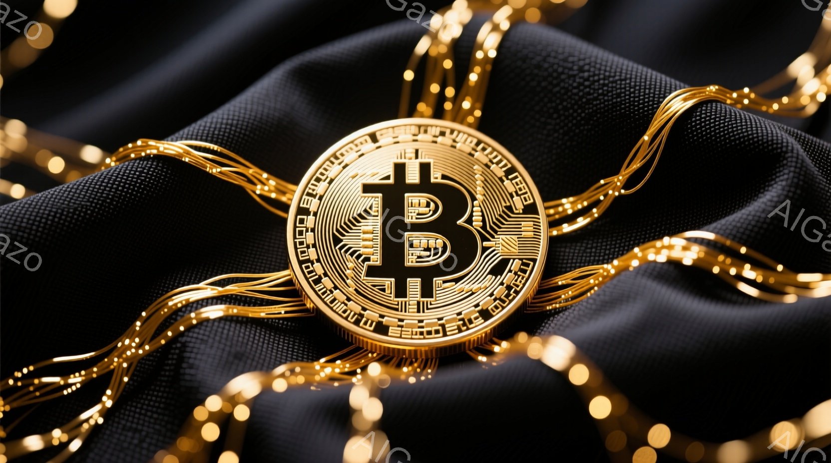 漆黒の布の上にビットコインのシンボルが大きく配置され、その周囲を金色の光の粒子が渦巻くように配置されている。シンボルは複雑な回路パターンで構成され、現代的なデジタル技術を想起させる。光の粒子が布の質感を強調し、奥行きと豪華さを演出している。
