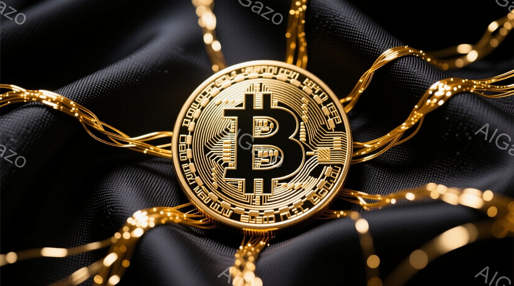 鮮やかな金色のビットコインが、黒い波打つ布の上に置かれています。布の上には、細い金色の鎖が複雑に絡みつき、ビットコインを囲んでいます。全体的に、富と技術革新を象徴する、豪華でモダンな雰囲気を醸し出しています。