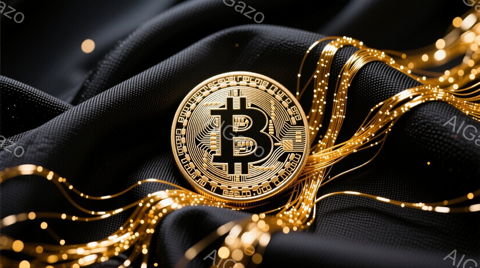 漆黒の布の上にビットコインのシンボルが配置されており、金色の光の線が絡みつくように広がっている。ビットコインのシンボルは白く輝き、布の黒とのコントラストが際立っている。 全体的に、暗闇の中で輝くデジタ - AI生成フリー素材