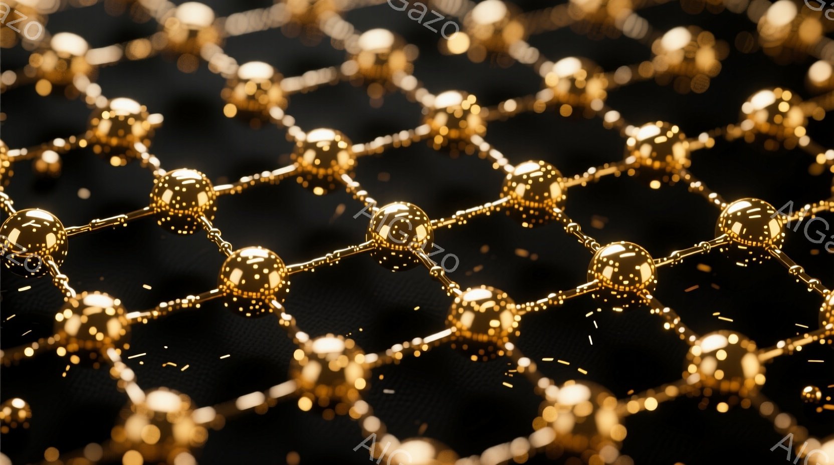 黄金色の球体が格子状に連なった、複雑なネットワークが描かれています。背景は暗い黒で、球体と接続線が光を反射し、立体感と輝きを強調しています。全体的に、科学的、技術的な抽象表現であり、高度な構造と精密さを感じさせます。