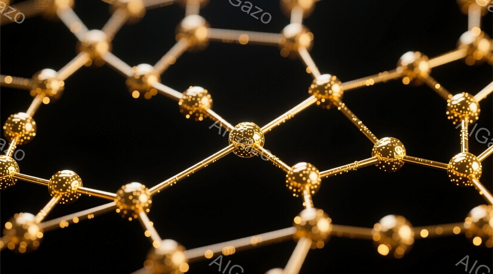 鮮やかな金色のネットワーク構造が黒い背景に浮かび上がっています。各接続点は複雑な模様が施された球体で、細い金色の線で繋がれています。全体として、精密で未来的な、あるいは科学的な抽象表現として捉えられま - AI生成フリー素材
