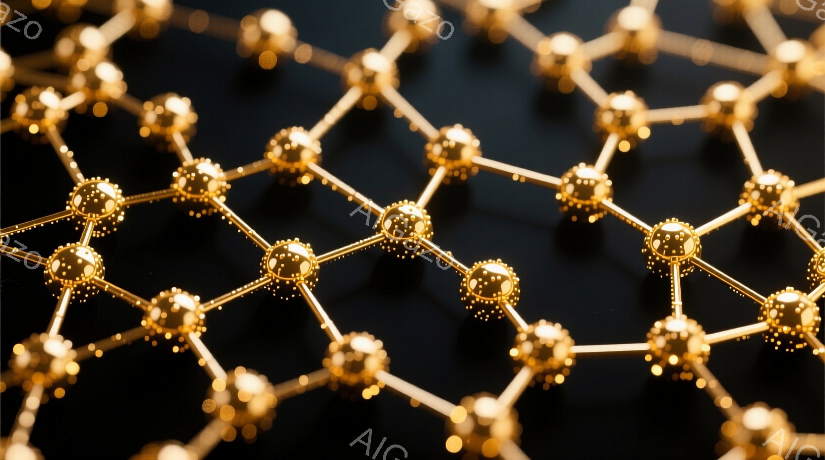 鮮やかな金色のネットワークが黒い背景に広がっており、各接続点が光り輝いています。ネットワークは規則的な六角形パターンを形成し、まるで分子構造やデータ接続の視覚化のようです。全体的に、高科技で未来的な雰囲気があり、洗練された印象を与えます。