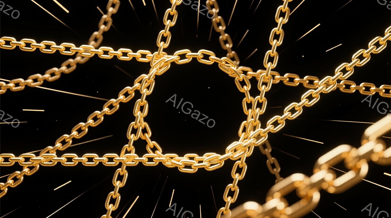 濃い黒色の背景に、金色のチェーンが複雑に絡み合って配置されている。チェーンは光沢があり、スポットライトのような光が当たっているように見える。全体的に、力強さと神秘的な雰囲気を醸し出している。