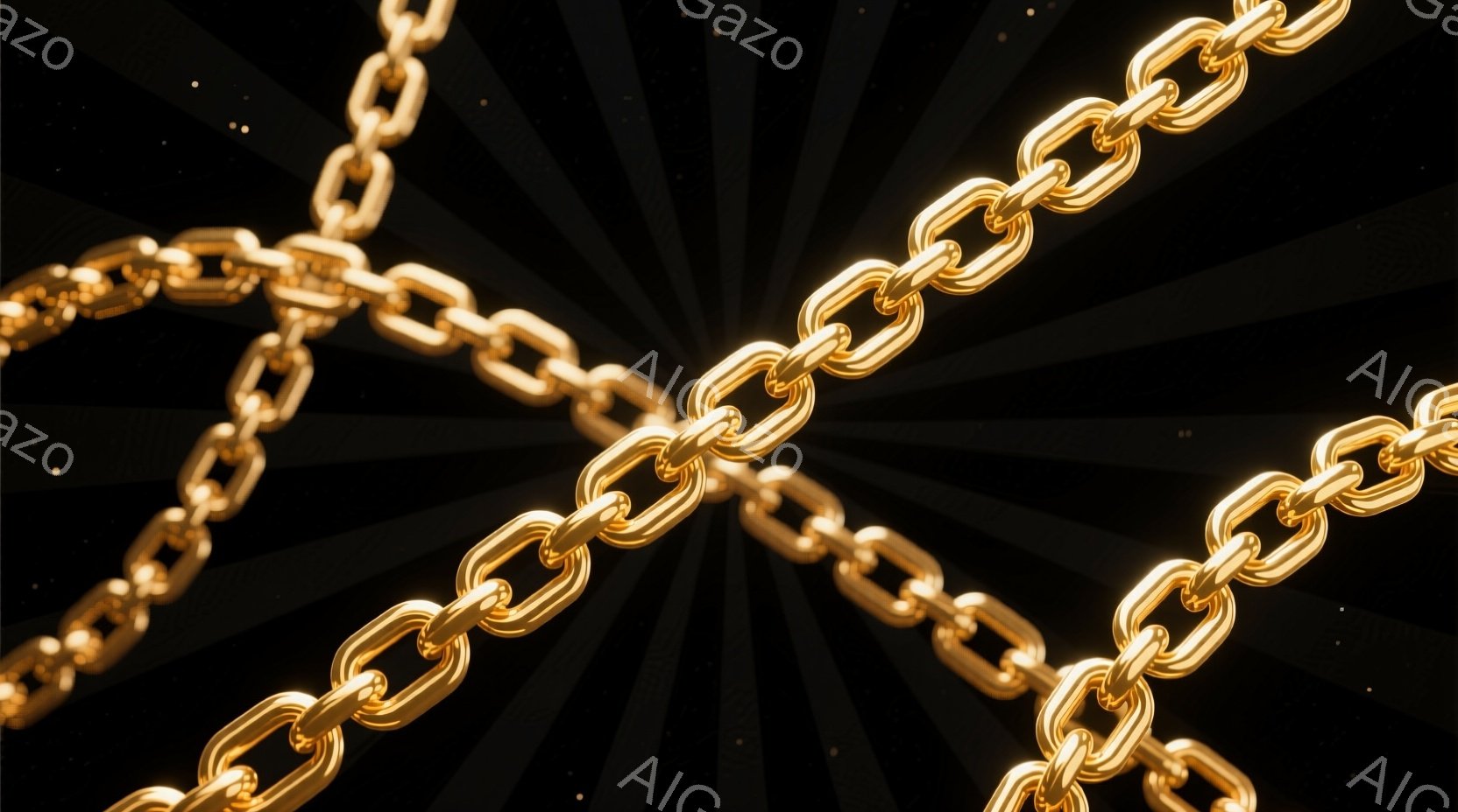 鮮やかな金色の鎖が、暗い背景に放射状に広がる光の中で浮かび上がっています。鎖は高度に磨き上げられ、金属の質感が強調され、光沢と影が劇的に表現されています。全体的に富、強さ、そして洗練された美しさを感じさせるイメージです。