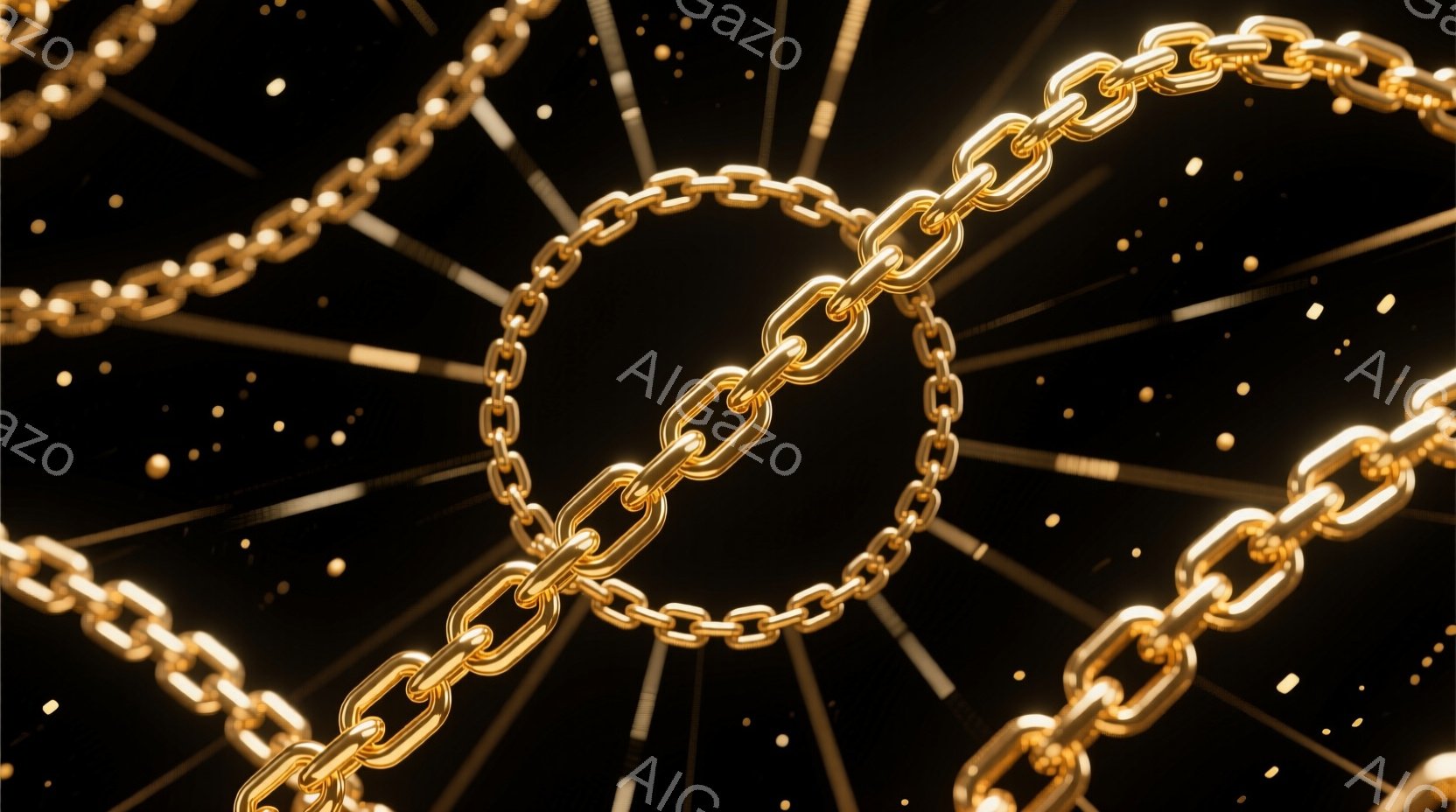 金色の鎖が黒い背景の中で放射状に配置され、光沢のある金属の質感が強調されている。鎖は均一に光を反射し、まるで舞台照明の下で輝いているかのような印象を与える。背景には微細な光の粒子が散りばめられており、幻想的な雰囲気を醸し出している。