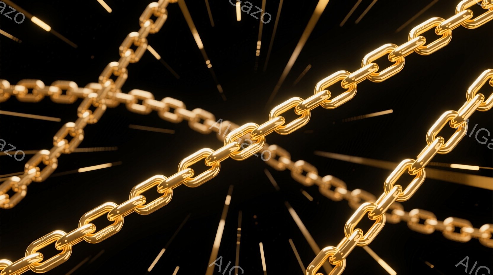 画像は、黒い背景に輝く金色のチェーンが放射状に広がる様子を描写しています。チェーンは滑らかで光沢があり、まるで星のように背景から伸びています。全体的に、高級感と神秘的な雰囲気が漂っています。
