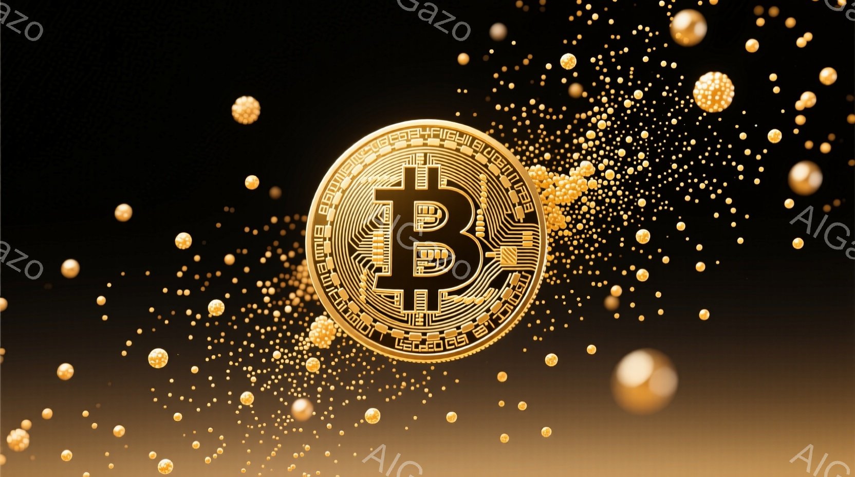 鮮やかな金色のビットコインマークが中央に配置され、周囲には大小さまざまな金色の粒子が散りばめられています。背景は暗いグレーから黒へのグラデーションで、粒子が光を反射し、輝きを増しています。全体として、ビットコインのデジタル資産としての価値と、その流動性や未来への可能性を象徴するような、華やかで洗練された印象を与える画像です。