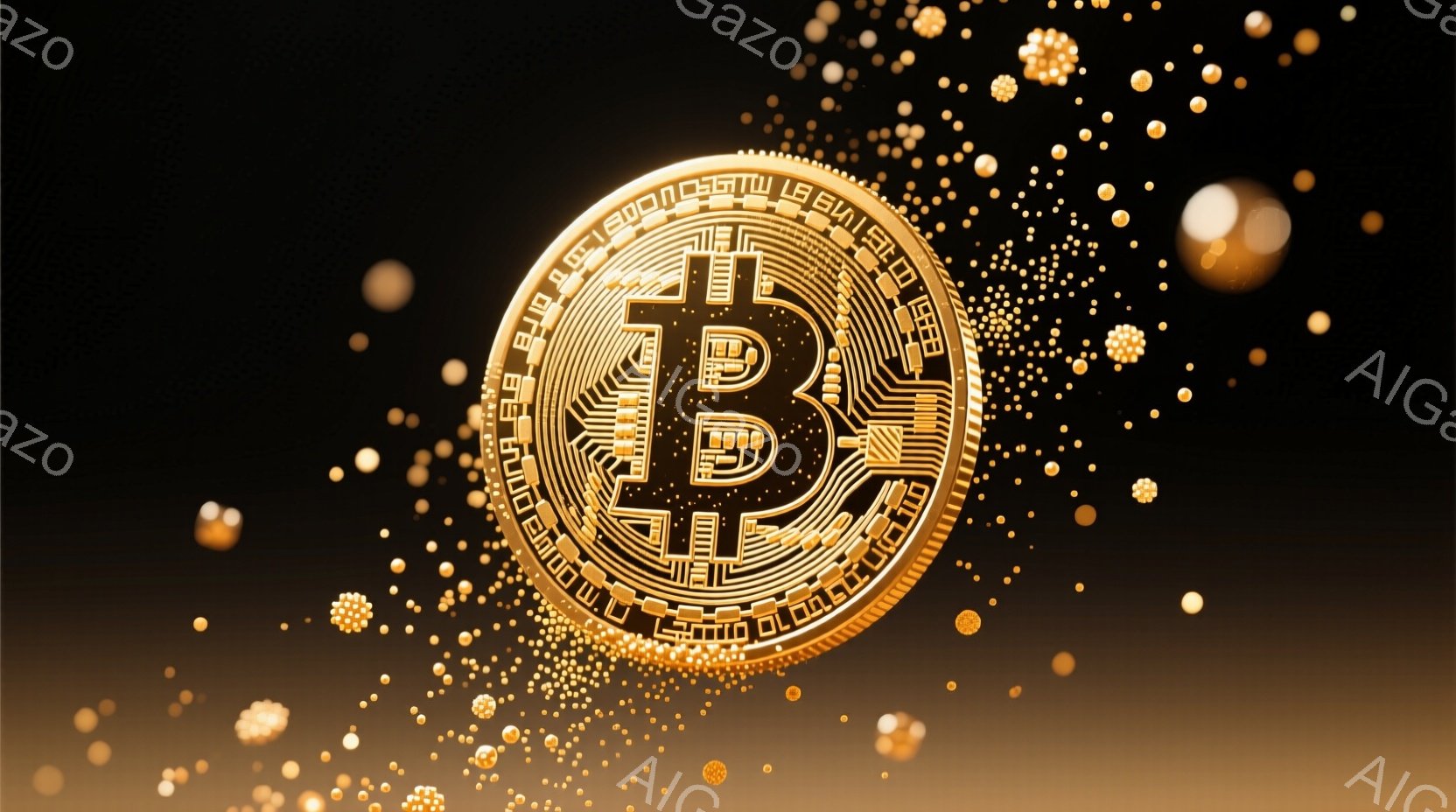 黄金色のビットコインのアイコンが、暗い背景に浮かび上がっています。周りには、同じ黄金色の小さな粒子が星のように散りばめられ、奥行きと輝きを演出しています。全体的に、富、テクノロジー、そして未来的な雰囲 - AI生成フリー素材