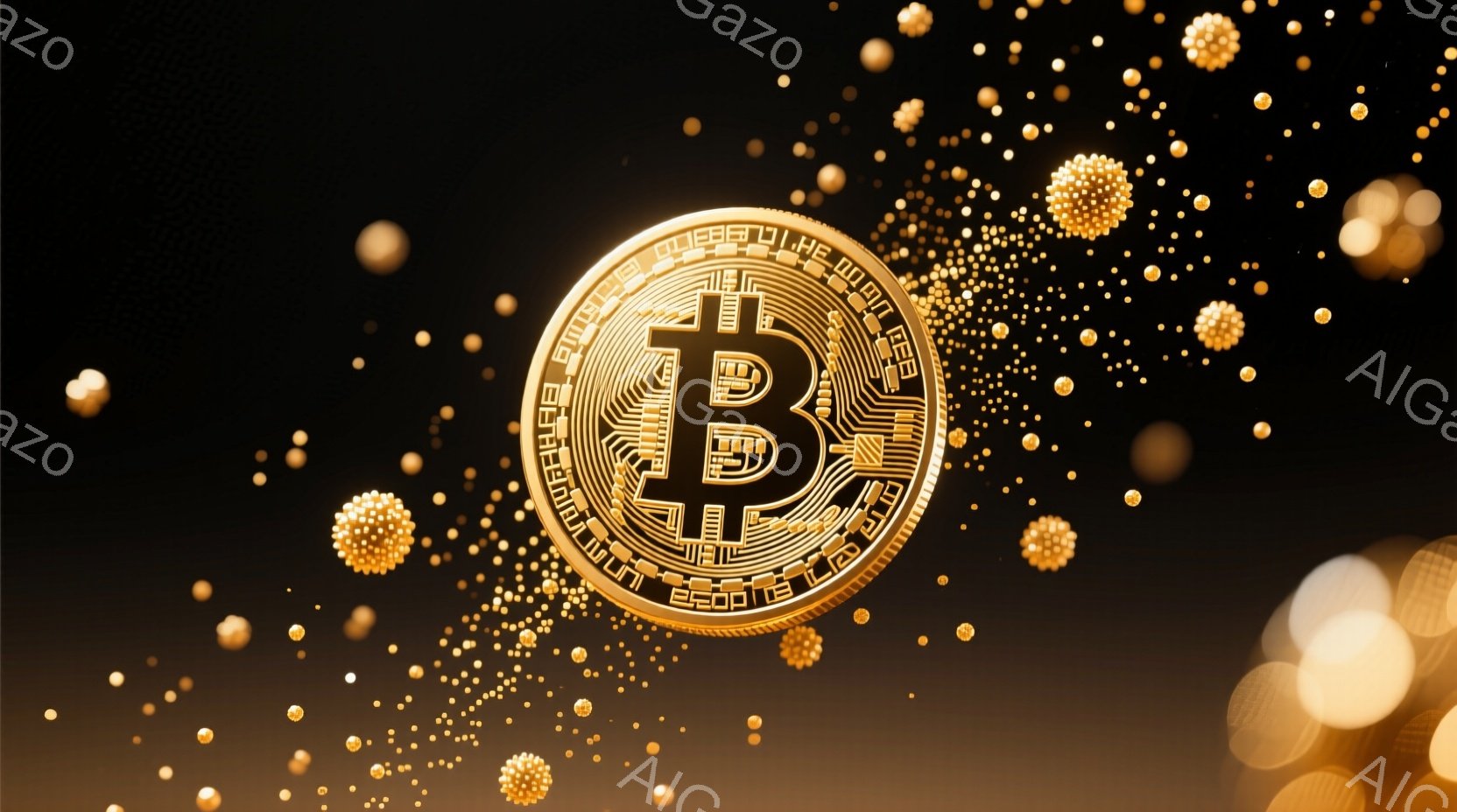 画像は、暗い背景に浮かぶ金色のビットコインのアイコンが中心に配置されています。アイコンの周囲には、金色の小さな光の粒子が散りばめられ、きらびやかな雰囲気を醸し出しています。全体的に、富やデジタル通貨を象徴する、豪華でモダンなイメージです。