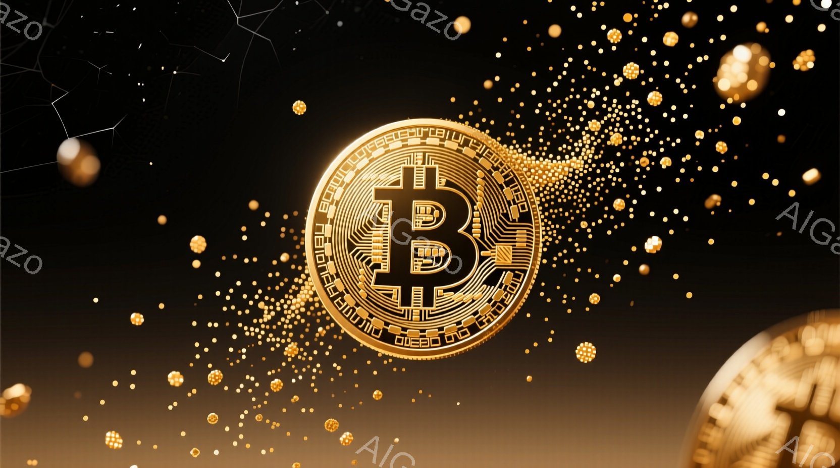 画像は暗い背景に金色のビットコインのアイコンが大きく中央に配置されています。周囲には、さまざまなサイズの金色の粒子が散りばめられており、まるで輝く星屑のようです。 全体的に、富、テクノロジー、そして仮想通貨の未来を象徴する、豪華で未来的な雰囲気です。