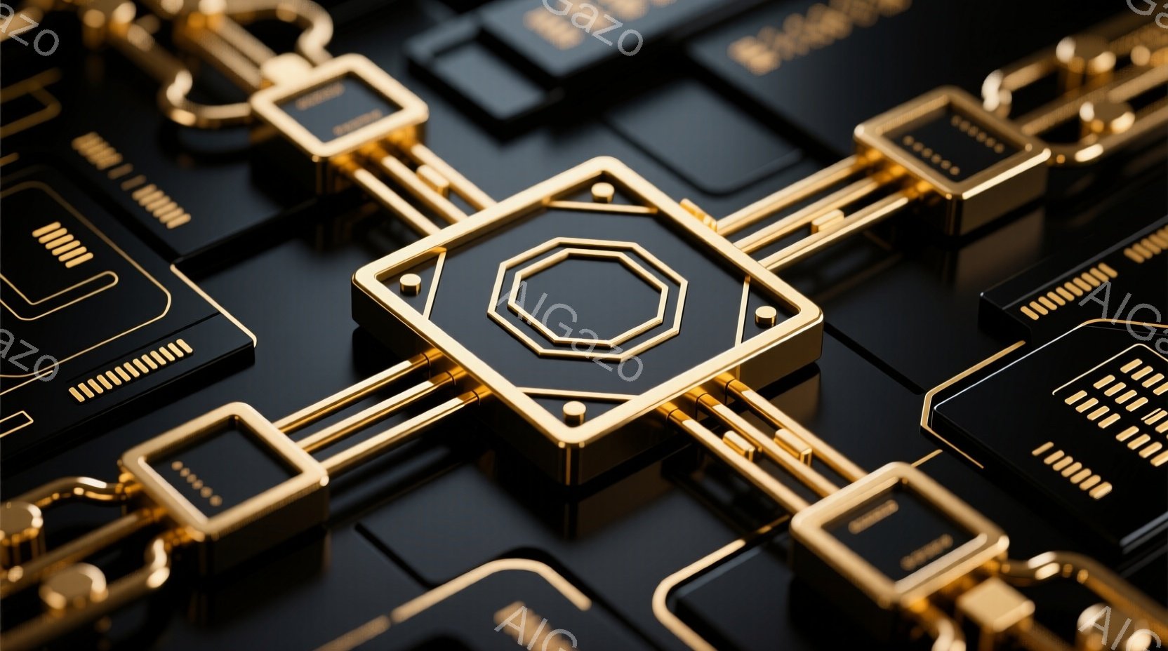 漆黒の背景に、金色の幾何学模様が複雑に組み合わされた構造体が広がっています。中心には八角形が内包された正方形が配置され、そこから放射状に金色の線が伸びています。全体的に未来的なテクノロジーや回路を連想させる、洗練された雰囲気を持っています。