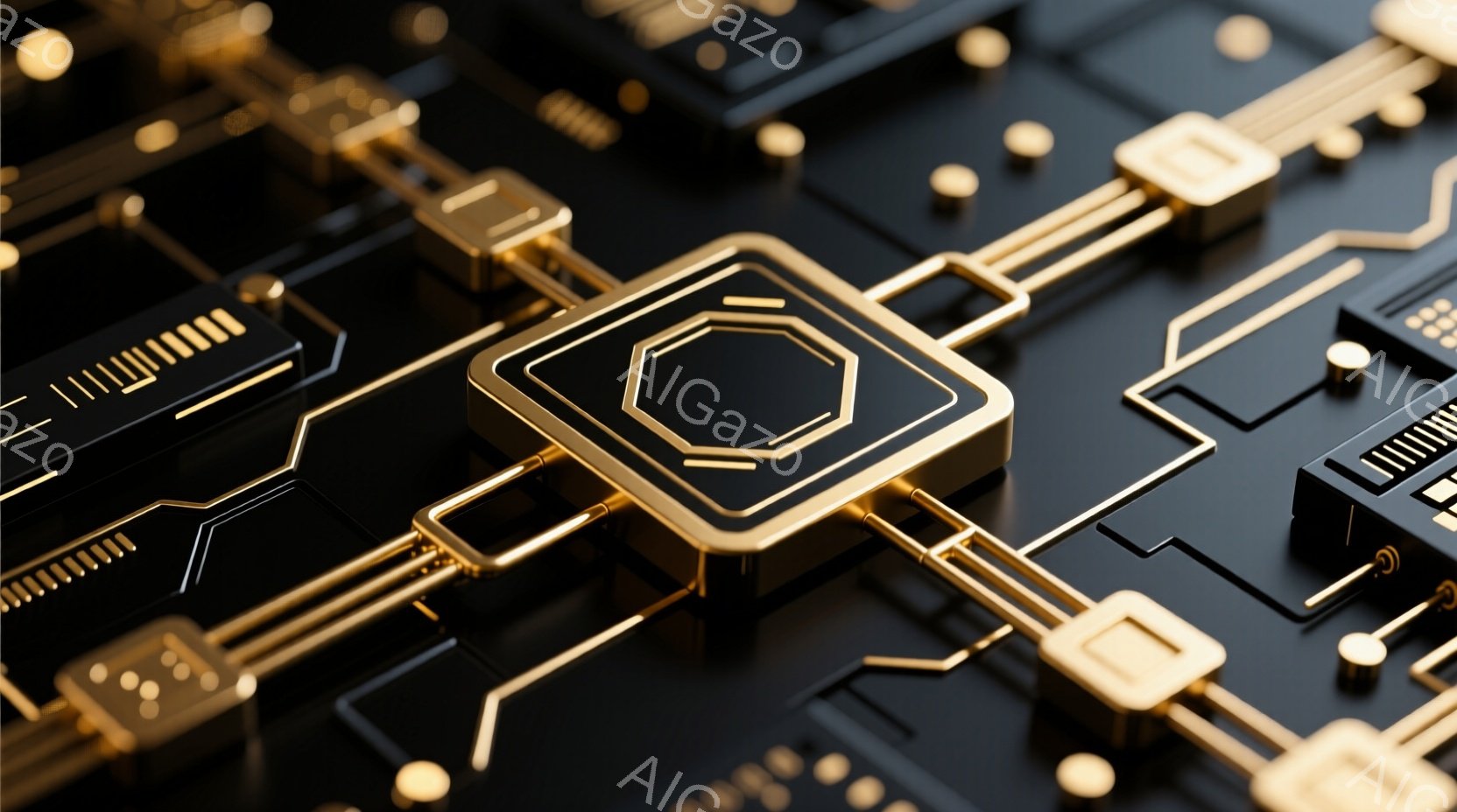 漆黒の背景に金色の回路が複雑に組み合わさった画像です。中心には八角形のモチーフが配置された正方形のチップが光沢を持って存在感を放ち、他のチップや細い金色の線で接続されています。全体的に未来的なテクノロジーを感じさせる、洗練された印象を与えます。